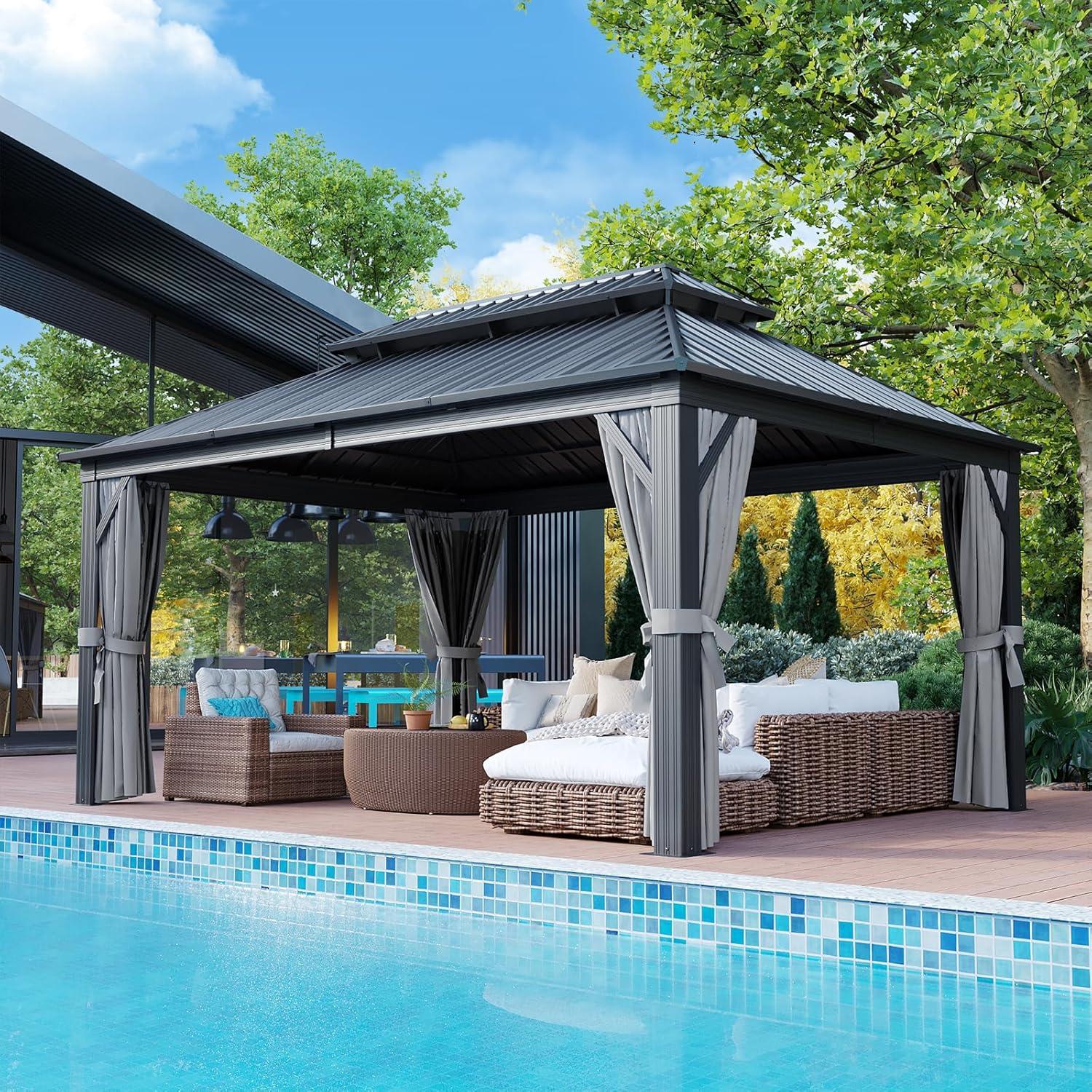 Kozyard Kozyard Alexander Gray Double Roof Hardtop Gazebo with Privacy Curtain Mosquito Netting