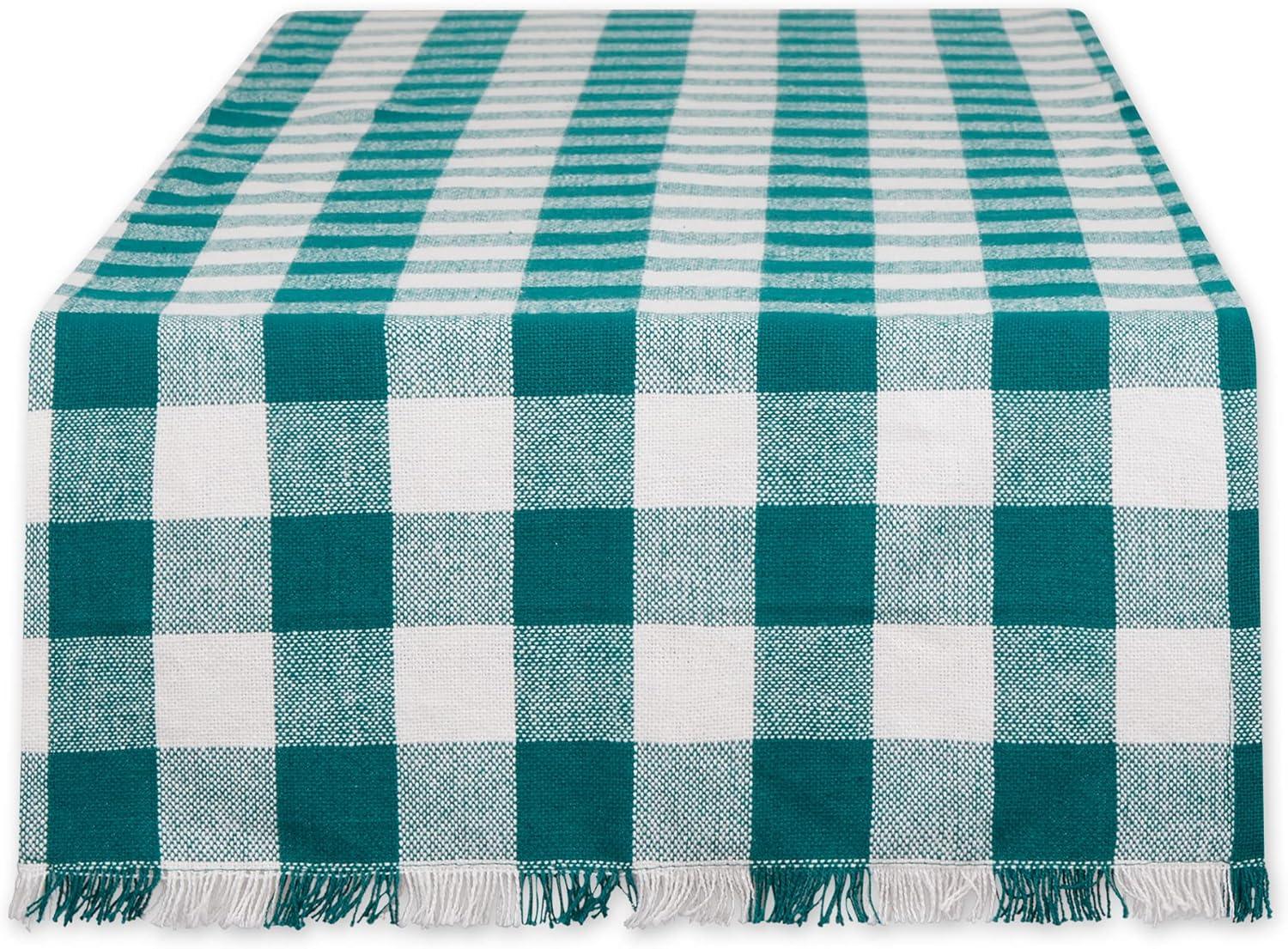 Teal Heavyweight Check Fringed Table Runner 14x72