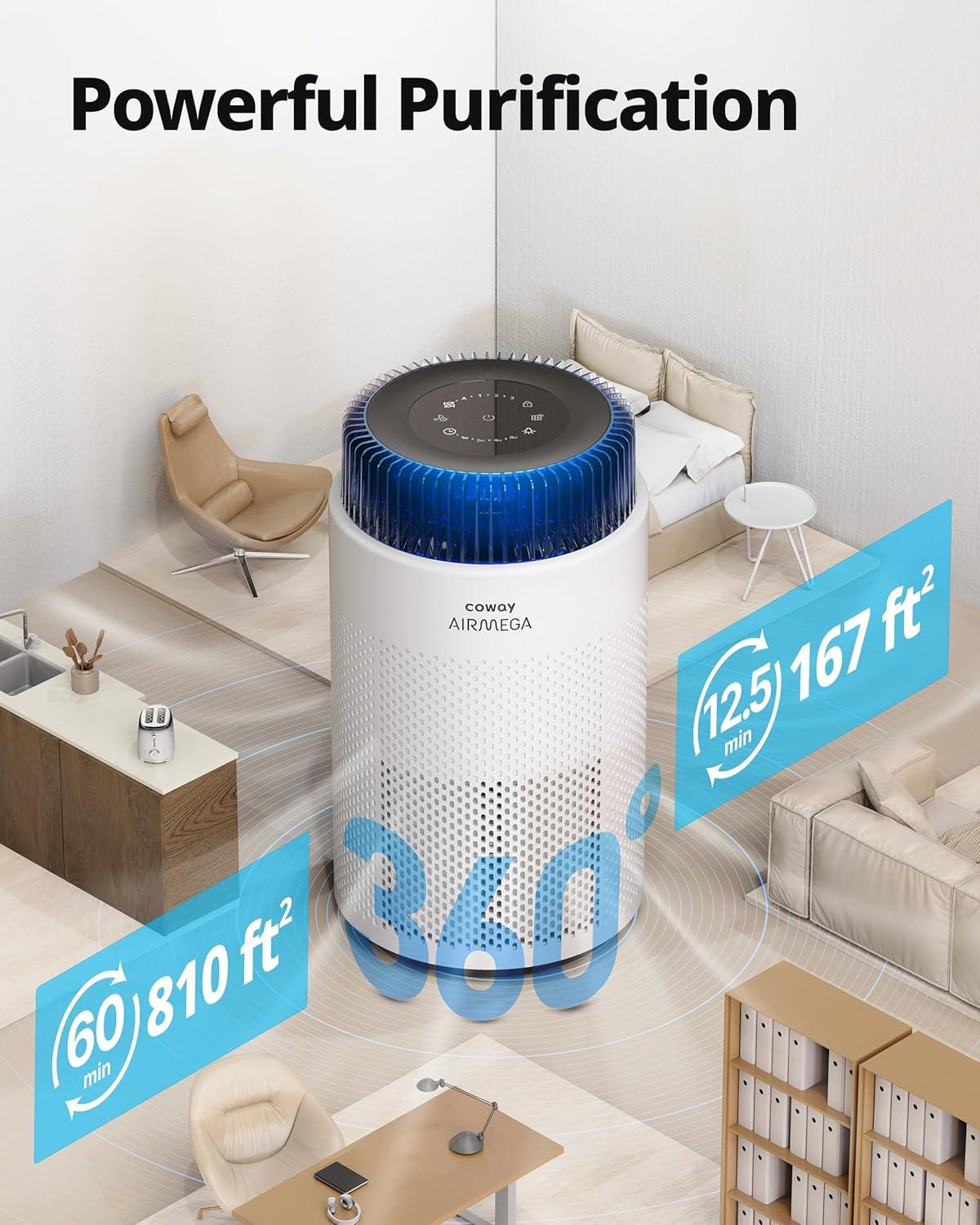 Coway Airmega 100 True HEPA Air Purifier with Air Quality Monitoring, Auto Mode, Sleep Mode, Timer, Filter Indicator, Night Light