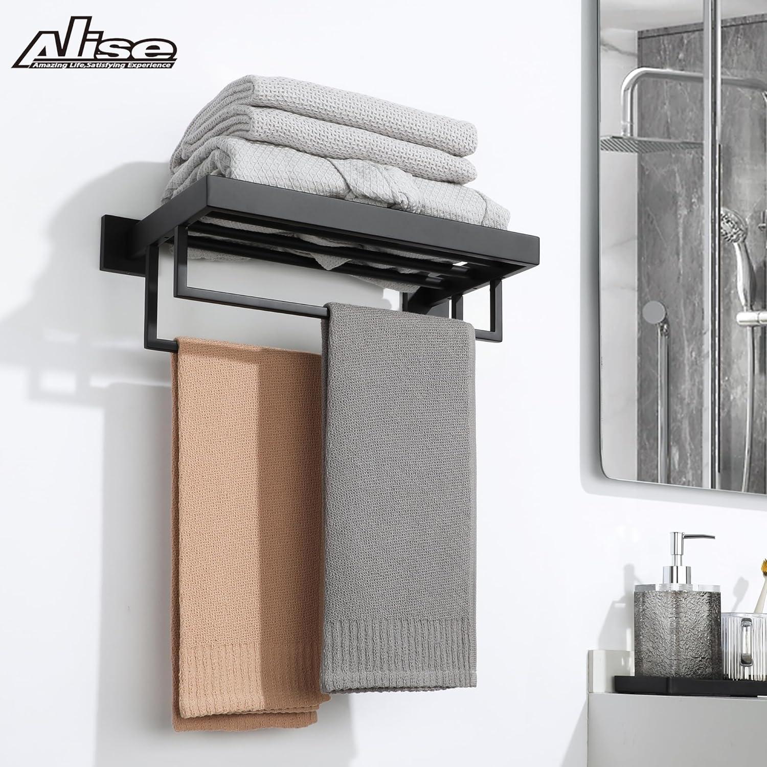 Matte Black Stainless Steel Towel Rack, 16 Inch Wall-Mounted, Extra Large Storage, Modern Design, Easy Installation