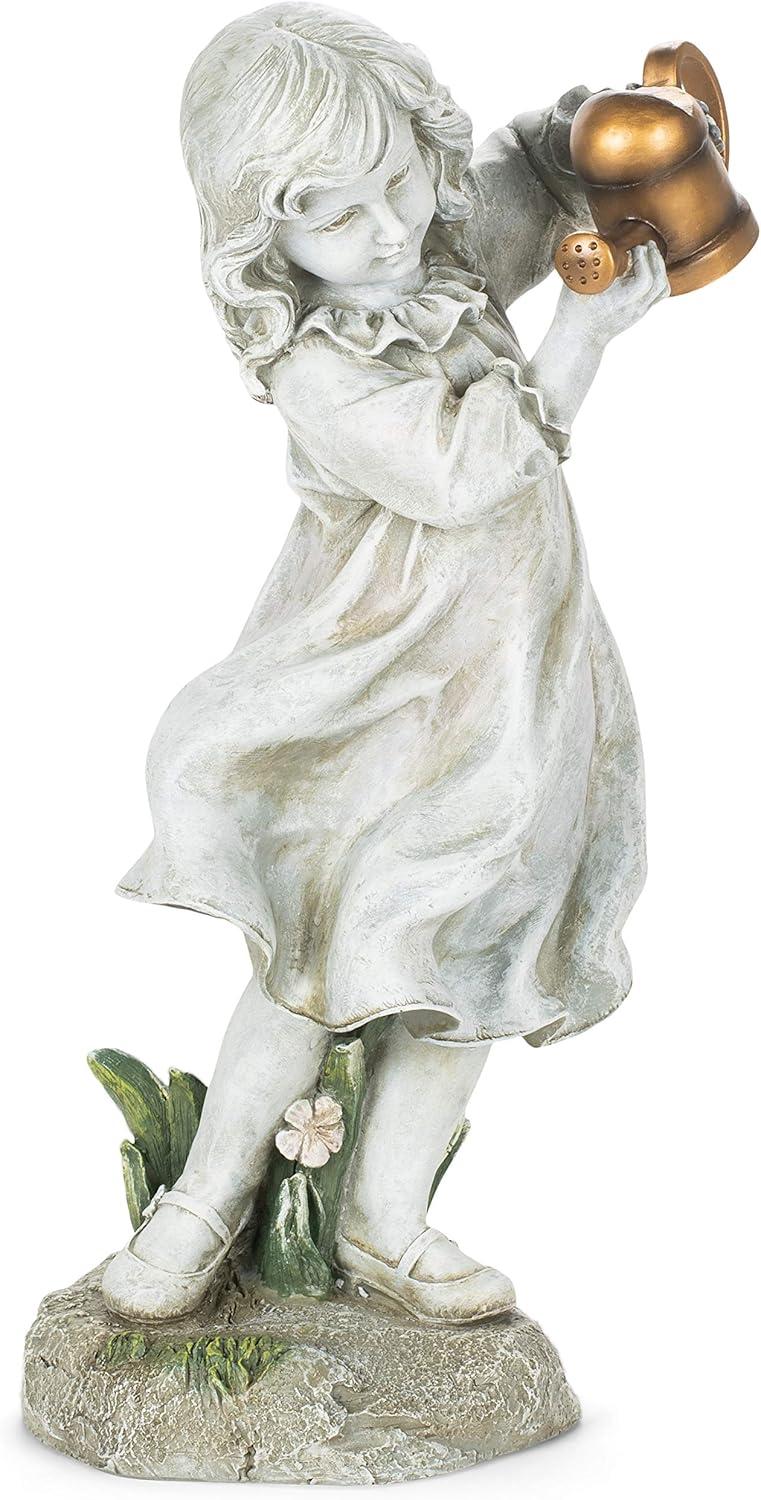 Gray Resin Girl with Bronze Watering Can Garden Statue