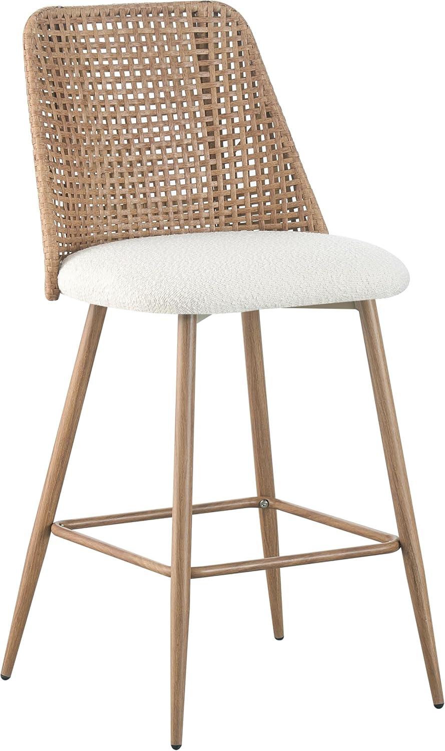 Rattan Counter Height Bar Stools Set Of 2, Fabric Upholstered Barstools With Pe Rattan Cane Back, Bar Chairs Counter Stools For Kitchen Island,beige White (Set of 2)