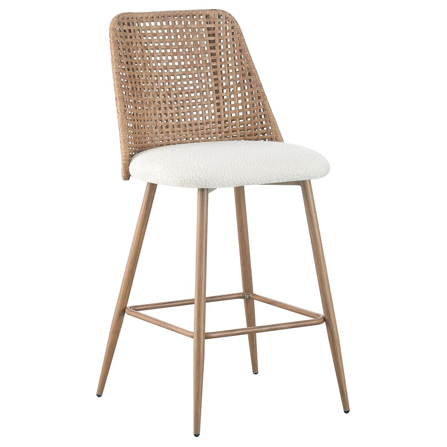 Bay Isle Home™ Rattan Counter Height Bar Stools Set Of 2, Fabric Upholstered Barstools With Pe Rattan Cane Back, Bar Chairs Counter Stools For Kitchen Island,beige White (Set of 2)