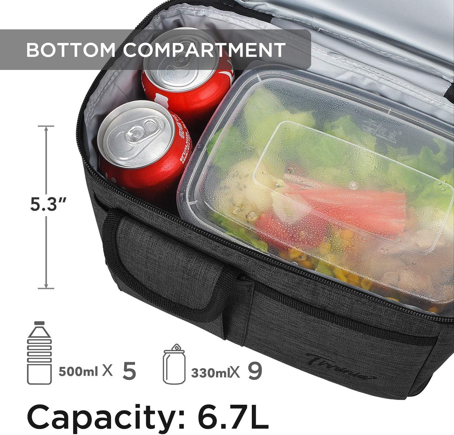 Tirrinia Dual Compartment Lunch Bag with Shoulder Strap for Adults, Large Lunch Bags, Insulated Leakproof Thermal Lunch Totes, Charcoal