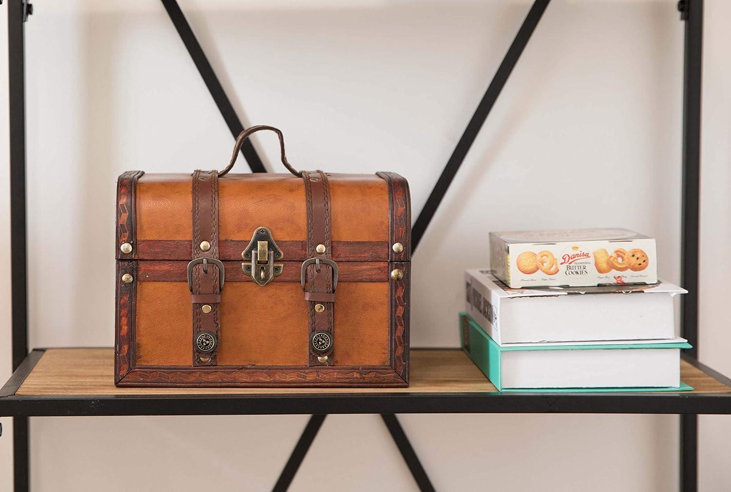 Large Brown Faux Leather and Wood Storage Trunk