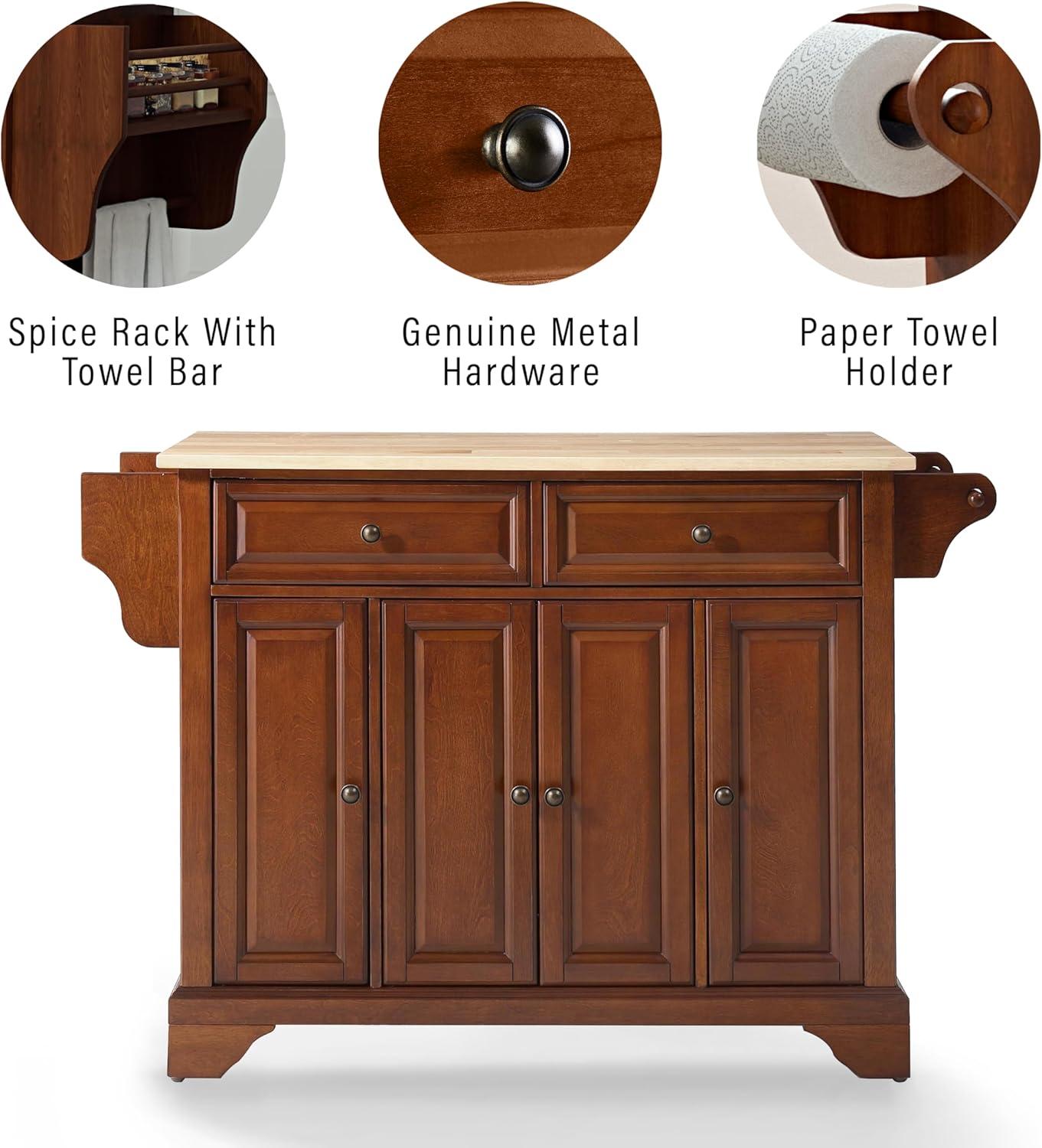 Crosley Lafayette Wood Top Full Size Kitchen Island/Cart Cherry/Natural: With Adjustable Shelves, Towel Bar, 5 Drawers