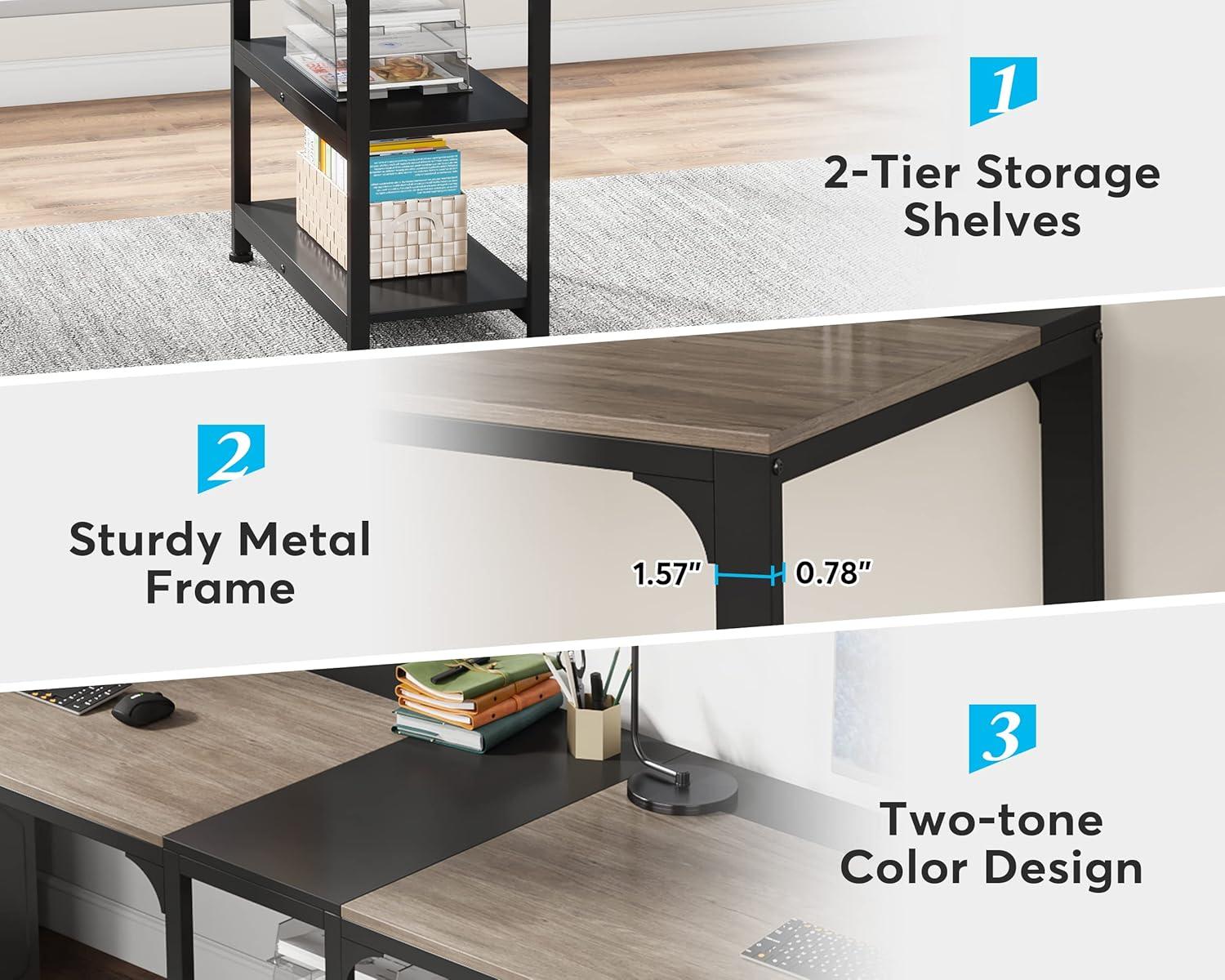 LITTLE TREE 90.55" Double Desk with Storage Shelf Gray/Black