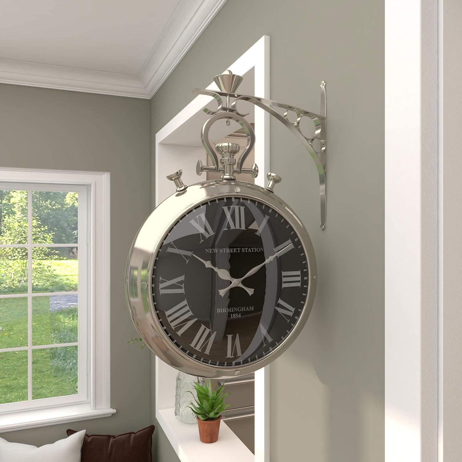 DecMode 16" Silver Stainless Steel Metal Pocket Watch Style Wall Clock