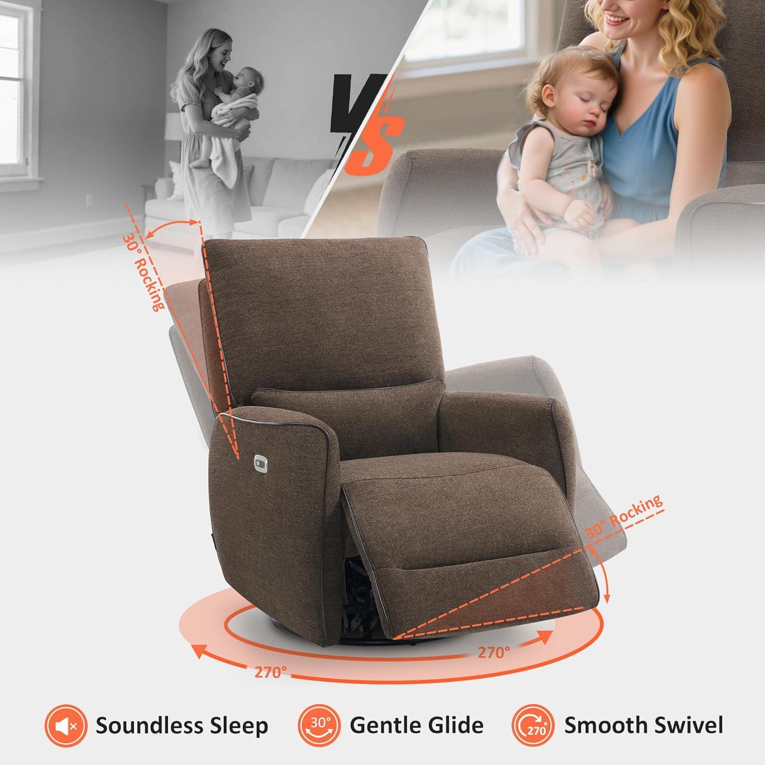 Swivel Glider Power Recliner Chair, Electric Rocker Recliner Chairs with USB Ports For Nursery, Fabric