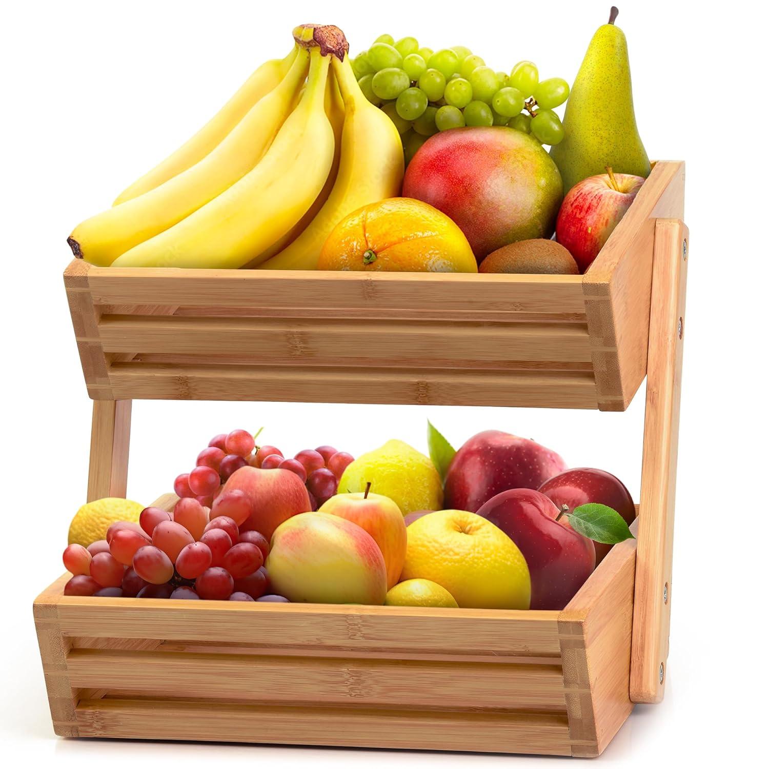 Bamboo Basket for Kitchen Counter Fruit & Vegetable Storage, Two Tier Wooden Fruit Bowl by Golden Nature