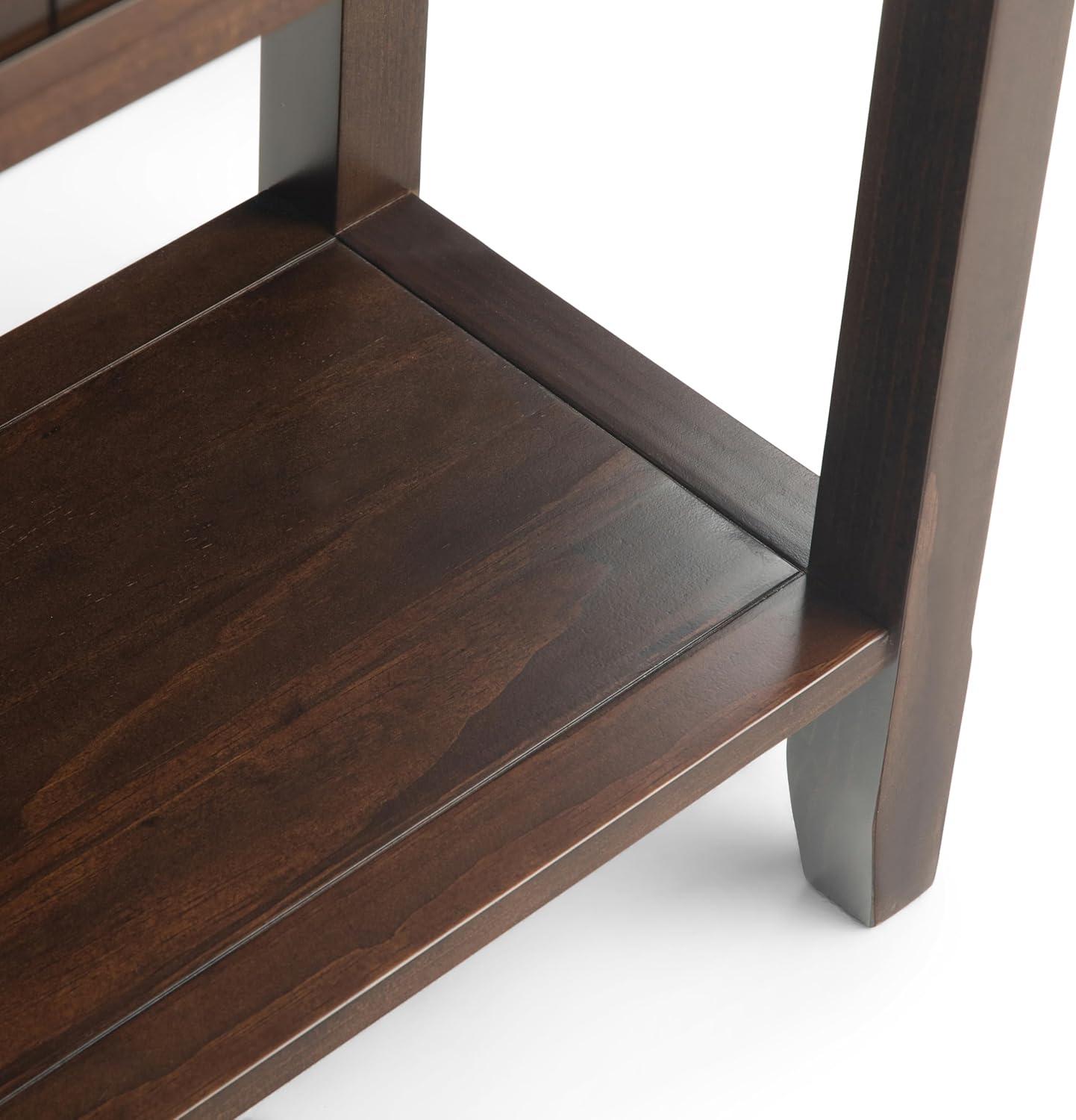 Simpli Home Acadian 60"W Solid Wood Wide Storage Console Table in Brunette Brown with Three Drawers and Open Shelf