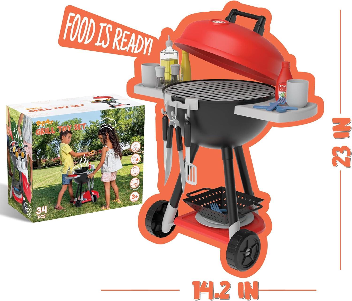 SYNCFUN 34Pcs Portable Charcoal Grill Toy Set Kitchen Toy Set, Toy BBQ Grill Set, Little Chef Play, Kids Grill Playset ,Birthday Gift for Boys Girls