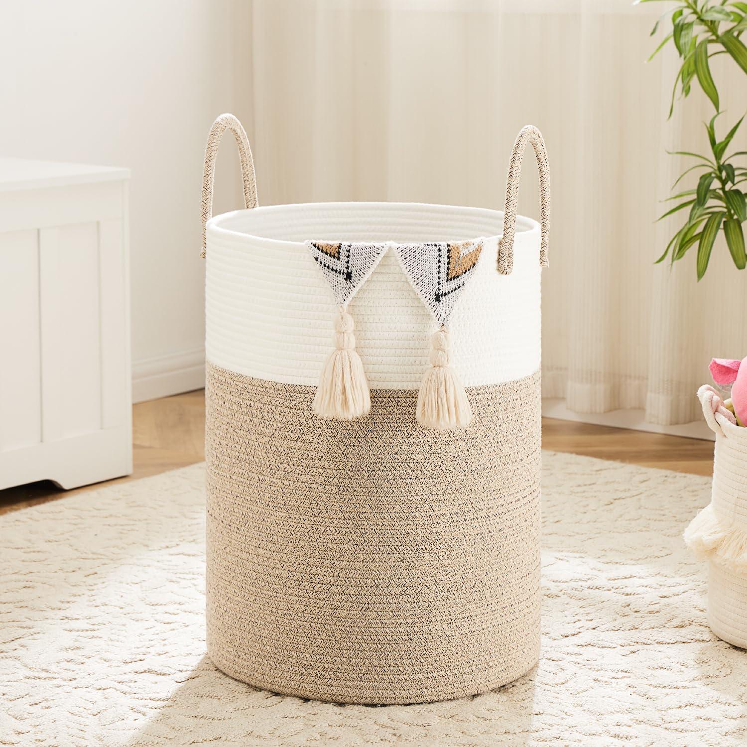 VCBAVC 60L  Laundry Hamper,Woven Cotton Rope Laundry Hamper  Handles,Large Capacity for Decorative Storage of Dirty Clothes,Toys and Blankets in Bathroom,Baby Room and Living Room