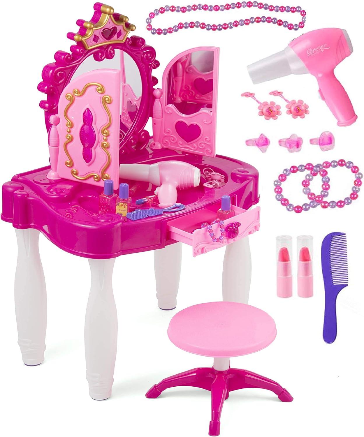 PREXTEX Kids Makeup Table with Mirror and Chair Princess Play Set, with Light and Sound Effects