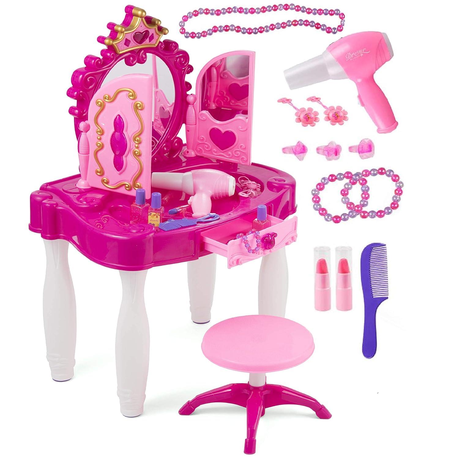 PREXTEX Kids Makeup Table with Mirror and Chair Princess Play Set, with Light and Sound Effects