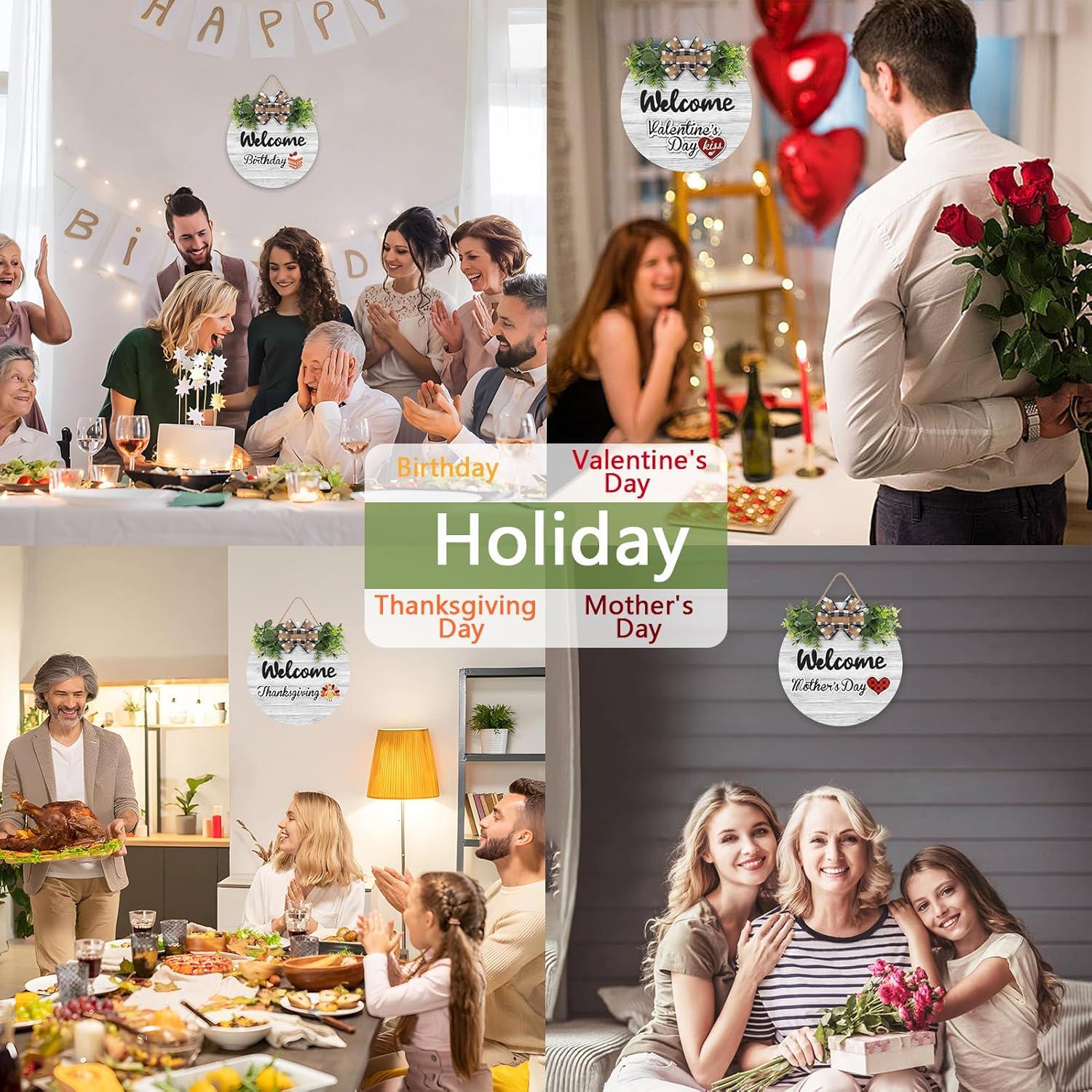 RoseCraft Interchangeable Wooden Seasonal White Welcome Sign, Rustic Welcome Front Door Wreaths for Home Wall Porch Decor, for Easter Spring Summer Fall Halloween Christmas All Season Decorations.