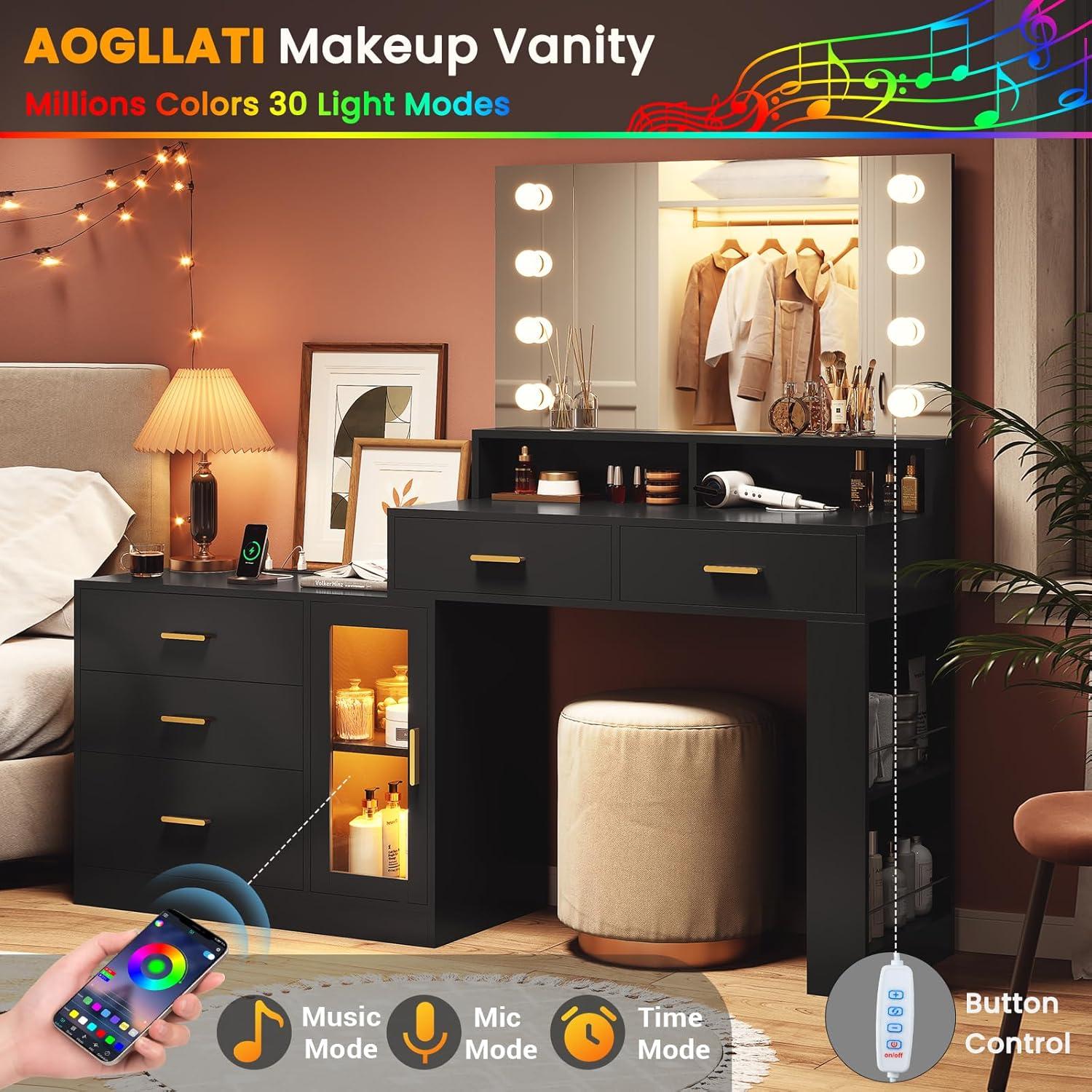 AOGLLATI Makeup Vanity Desk with Mirror and Lights & Charging Station, Black Vanity Table with 3 Drawers LED Dresser, Makeup Desk with 3 Lighting Modes, 5 Drawers and Cabinet Storage