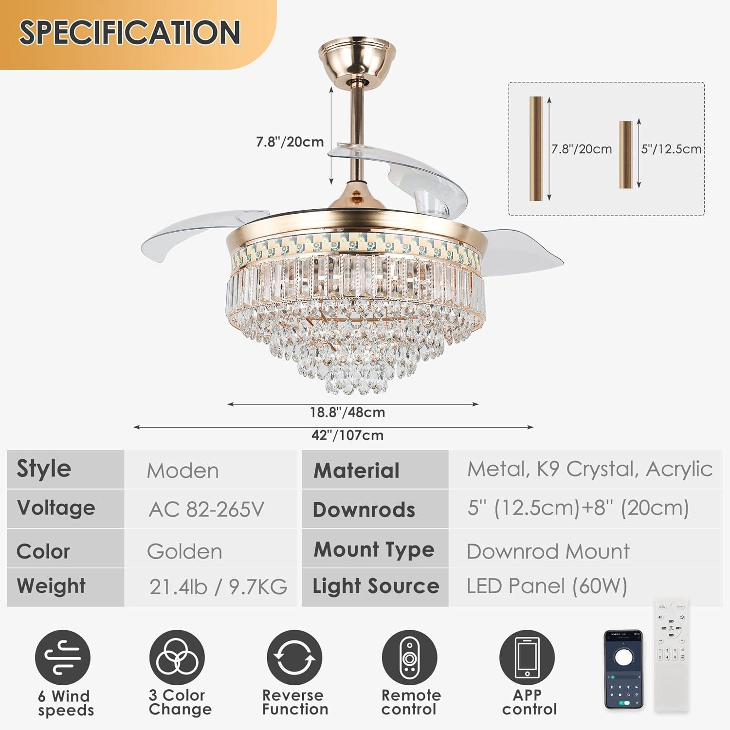 HOOMEDELIER 42" Chandelier Ceiling Fan with Remote, Crystal Beads Framed Fan with 4 Retractable Blades Smart Indoor Fandelier Fan