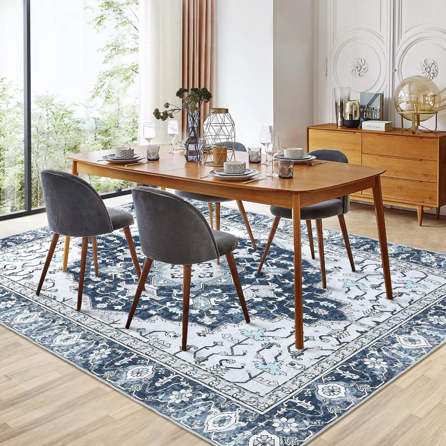 Soft Area Rug 5x7, Washable Living Bedroom Rug Low-Pile Vintage Rugs, Non-Slip Non-Shed Floral Print Accent Floor Carpet for Dining Room Home Office, Updated Blue