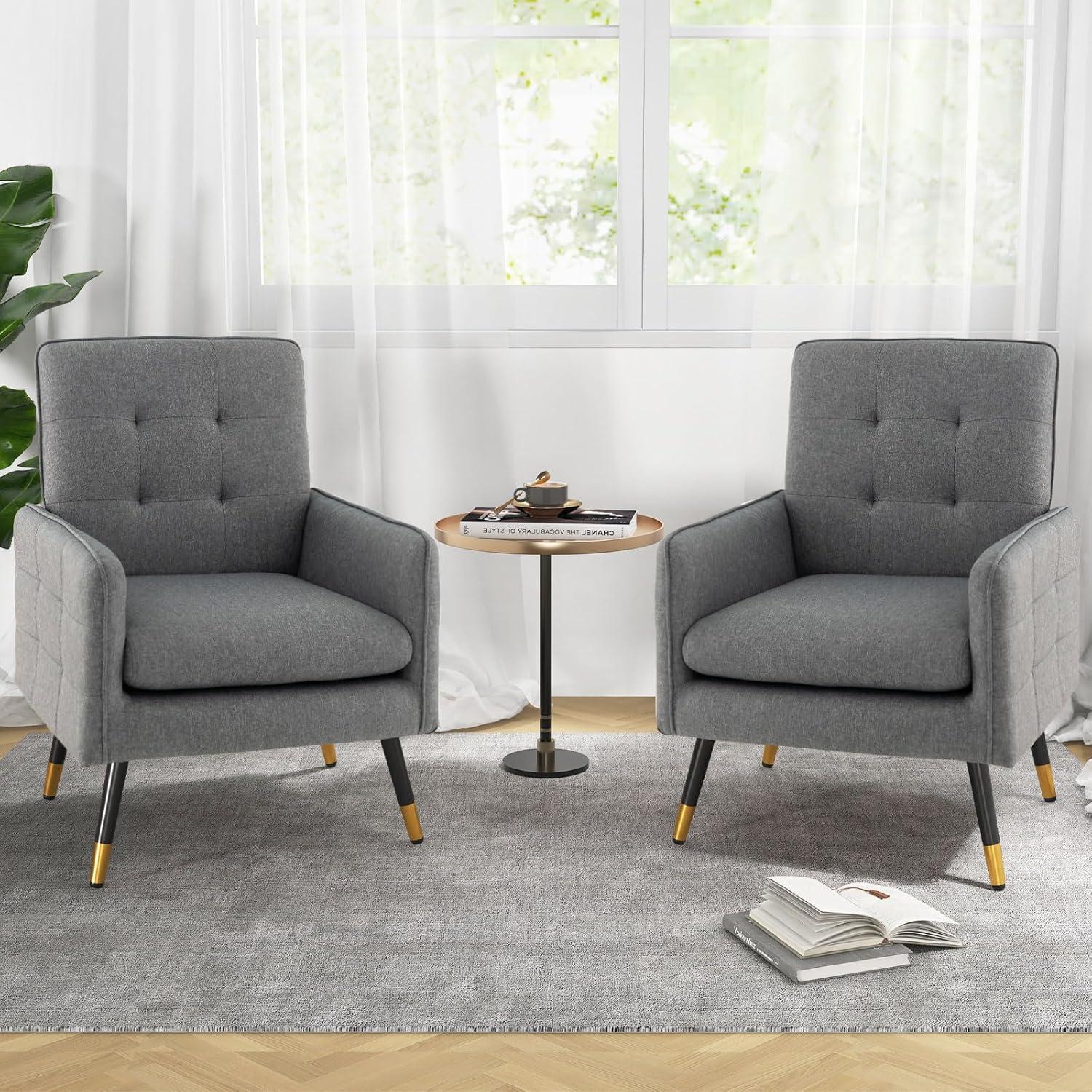 Gray Linen Upholstered Accent Chair with Metal Legs, Set of 2