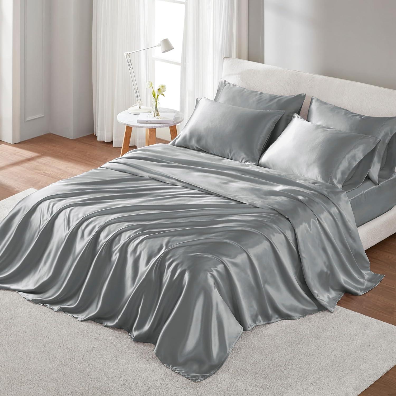 Gray Full Satin Deep Pocket Sheet Set with Six Pieces