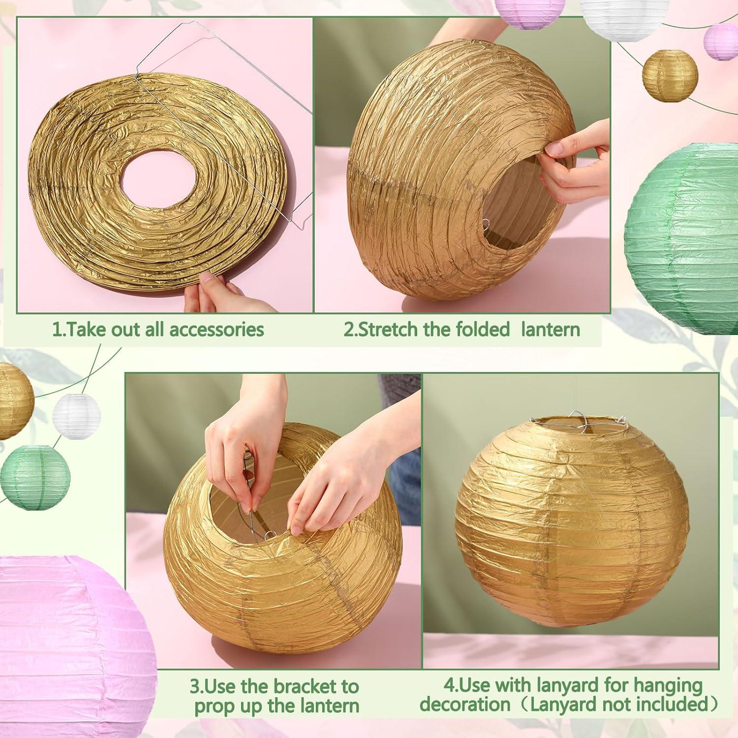 Riakrum 16 Pcs Sage Green Gold Pink Paper Lanterns Party Decorations Mixed Size 6'' 8'' 10'' 12'' Chinese Hanging Round Lanterns for Baby Shower Birthday Wedding Home Decorations Supplies