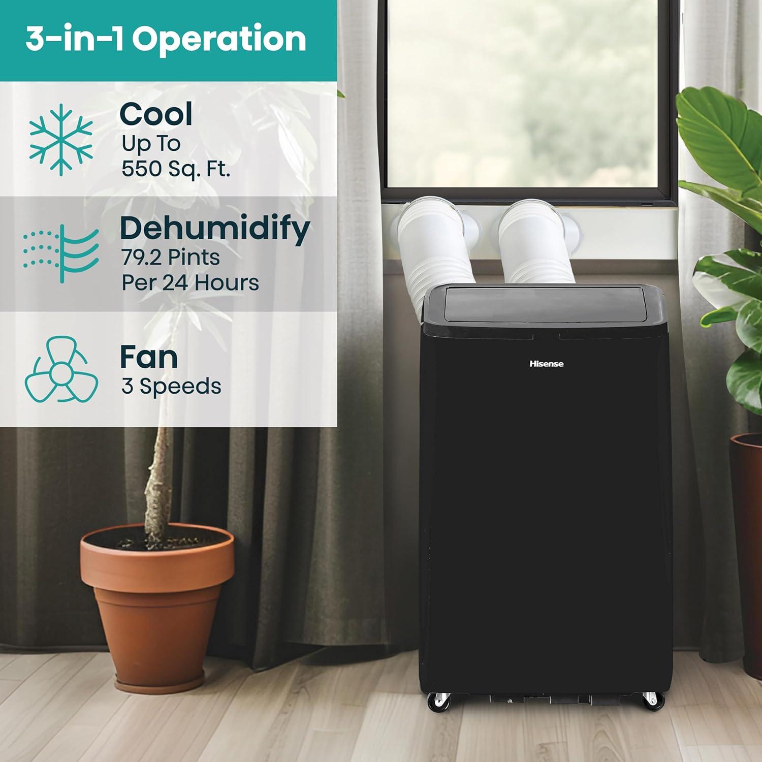 HiSense Hisense 10,000 BTU Smart Portable Inverter Air Conditioner with Quiet, High Efficiency Operation and Wi-fi Controls, AC Unit for Apartment, Living Room, Medium Rooms up to 450 Square Feet in Black