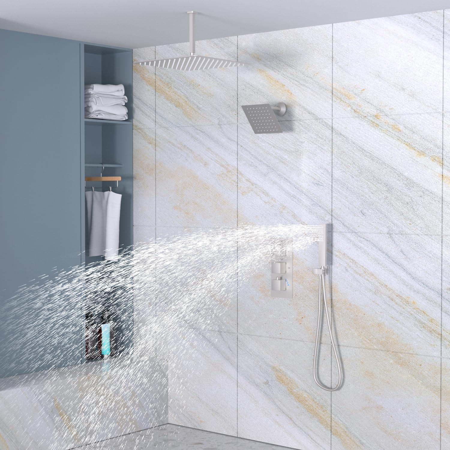 GRANDJOY 16 inch Complete Dual Shower Head System, Celling Mounted Shower Faucet Set with Hand Shower Head, Rough in-Valve, 6 Massage Body Jets - Matte Black