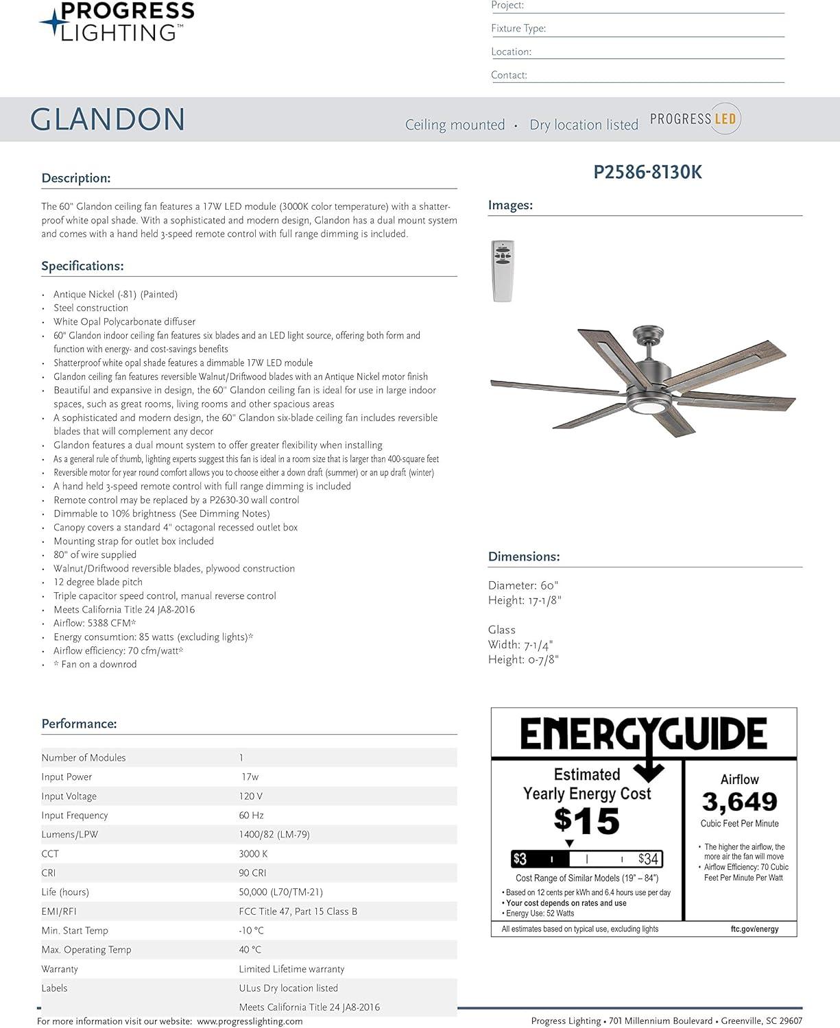 P2586-8130K-Progress Lighting-Glandon - Wide - Ceiling Fan - 1 Light - Handheld Remote in Transitional style - 60 Inches wide by 17.13 Inches