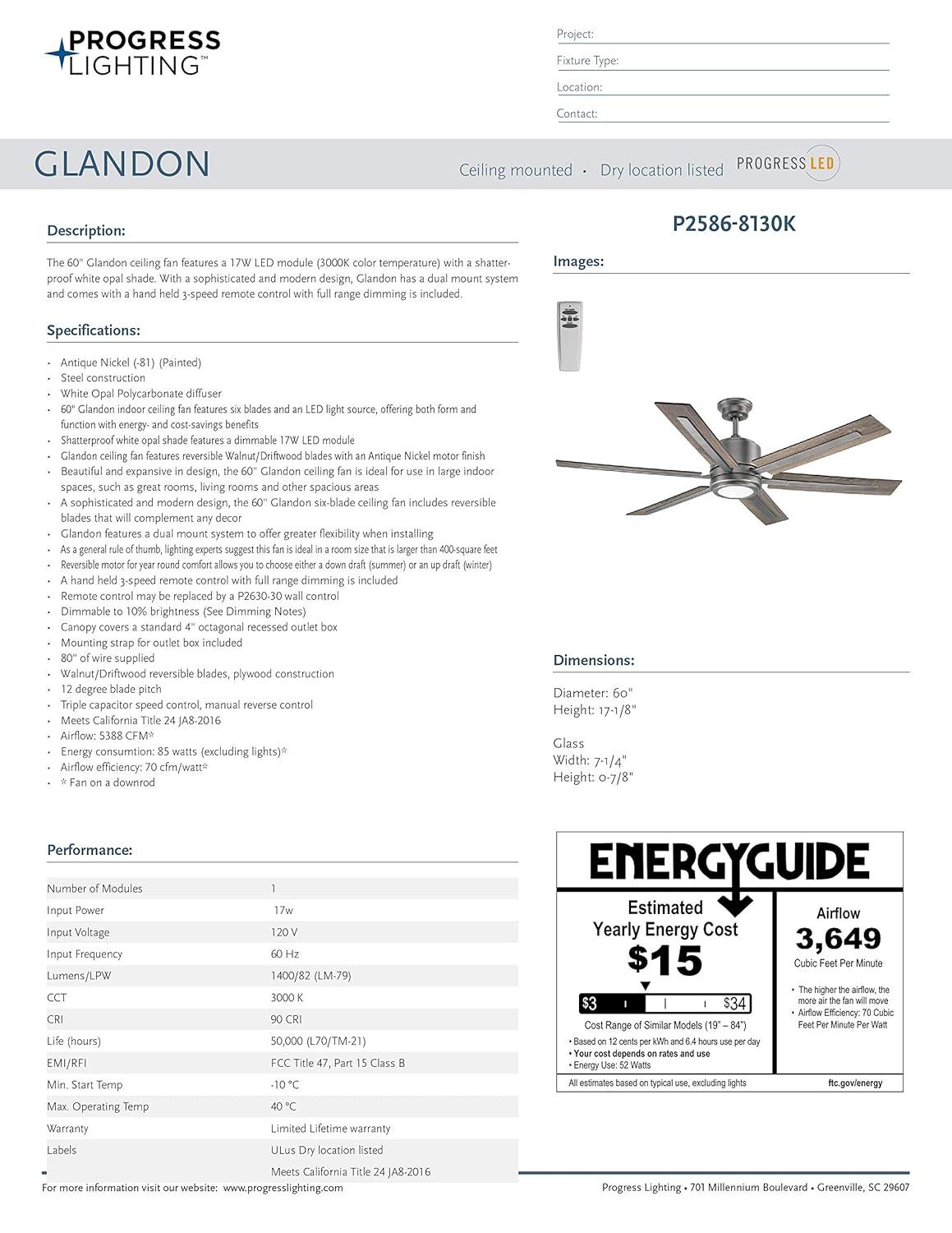P2586-8130K-Progress Lighting-Glandon - Wide - Ceiling Fan - 1 Light - Handheld Remote in Transitional style - 60 Inches wide by 17.13 Inches