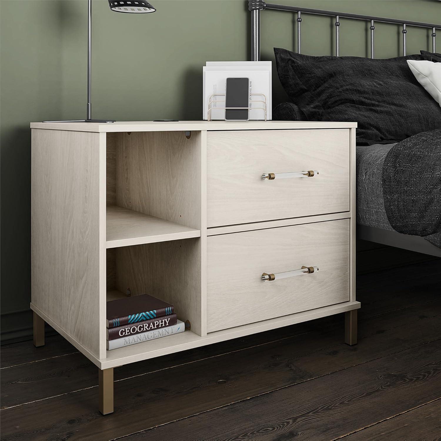 Kalissa White Oak and Gold 2-Drawer Nightstand with Wireless Charger