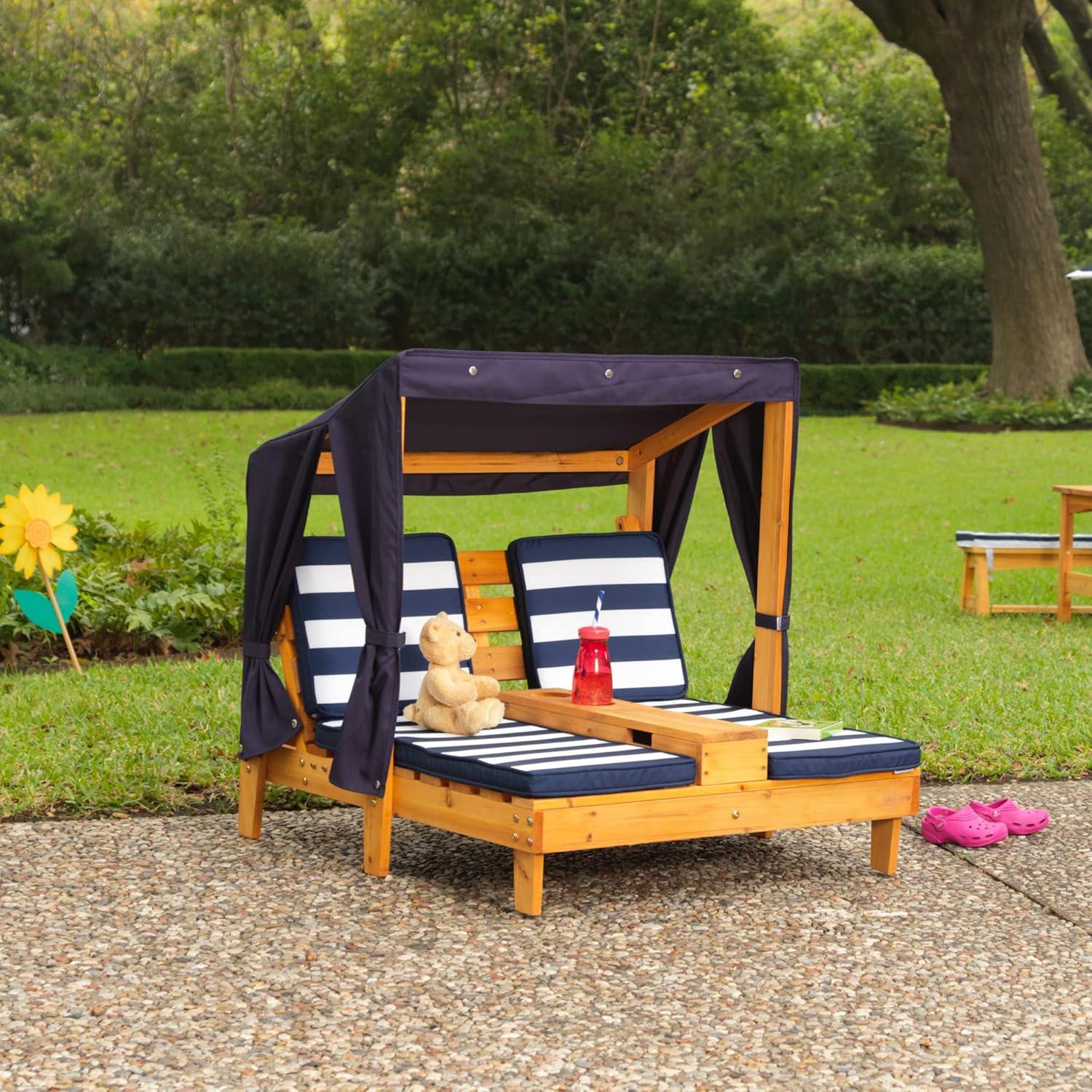 Honey & Navy Solid Wood Double Chaise Lounge for Kids with Cup Holders