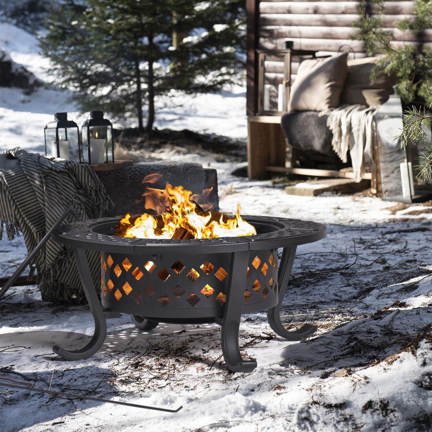 28" Black Round Wood Burning Fire Pit with Double Grill