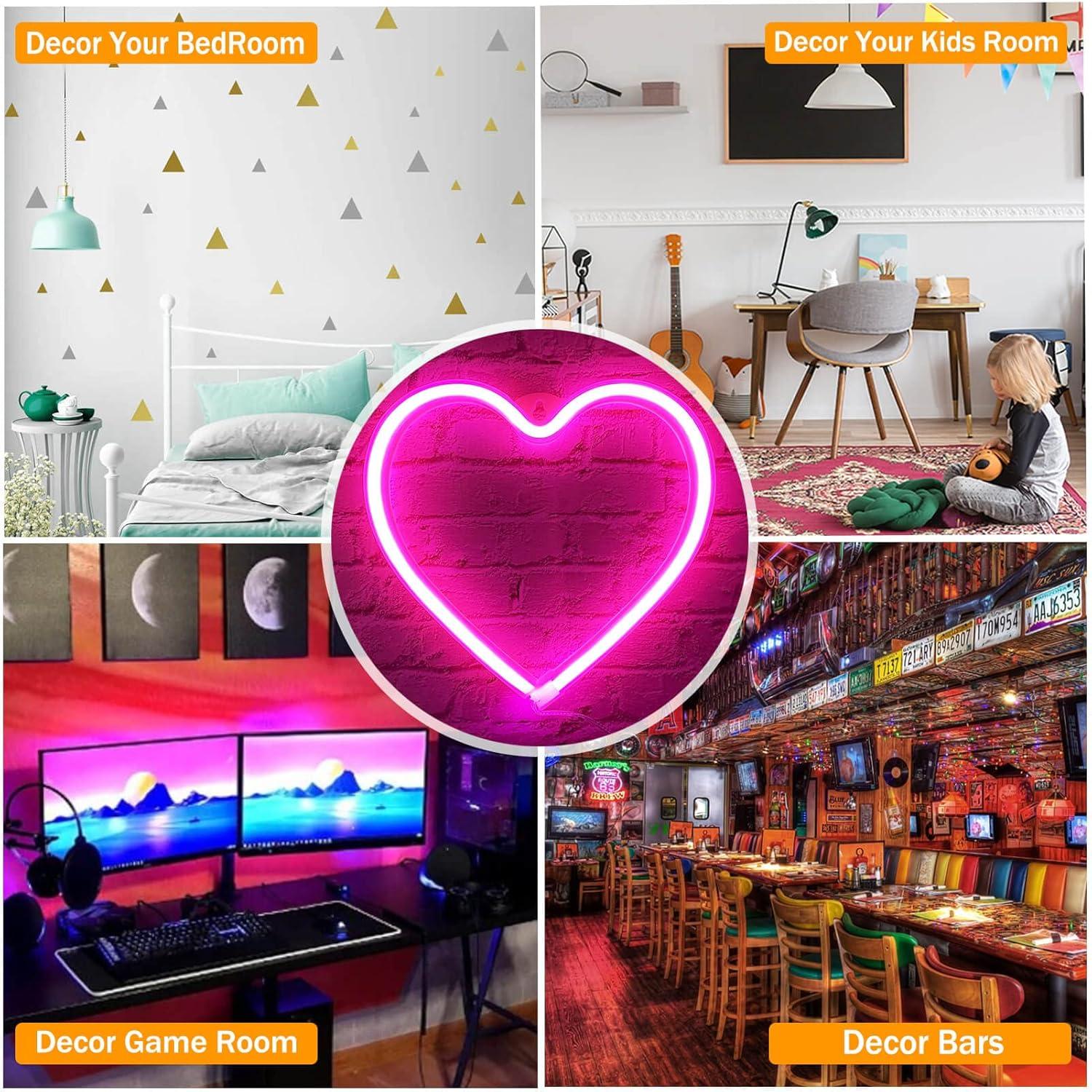 Heart Neon Sign Neon Heart Lights Pink Heart Led Light, Led Heart Lamp Heart Decorations for Home, Hanging Heart Gifts Heart Wall Decor Usb/Battery Operated Heart Light for Bedroom Living Room