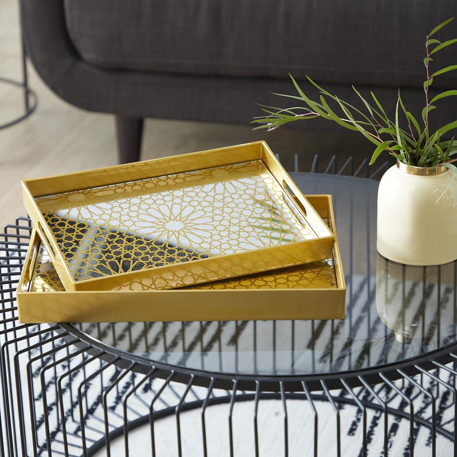 CosmoLiving by Cosmopolitan 16", 14"W Gold Plastic Mirrored Geometric Tray, 2-Pieces