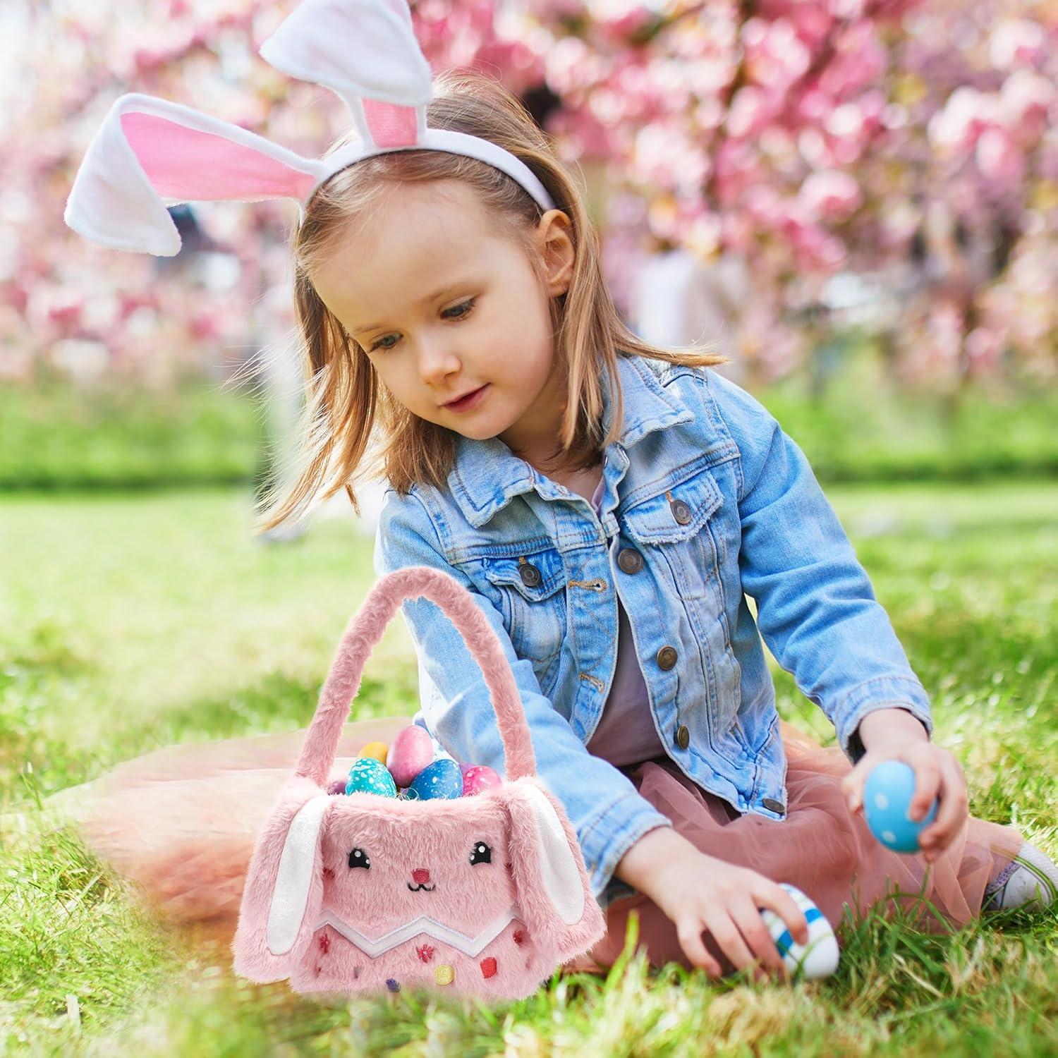 Easter Bunny Tote Bag, Cute Fuzzy Rabbit Ears Soft Plush Candy Handle Bag Eggs Basket Gift Bag for Kids Holiday Decorations