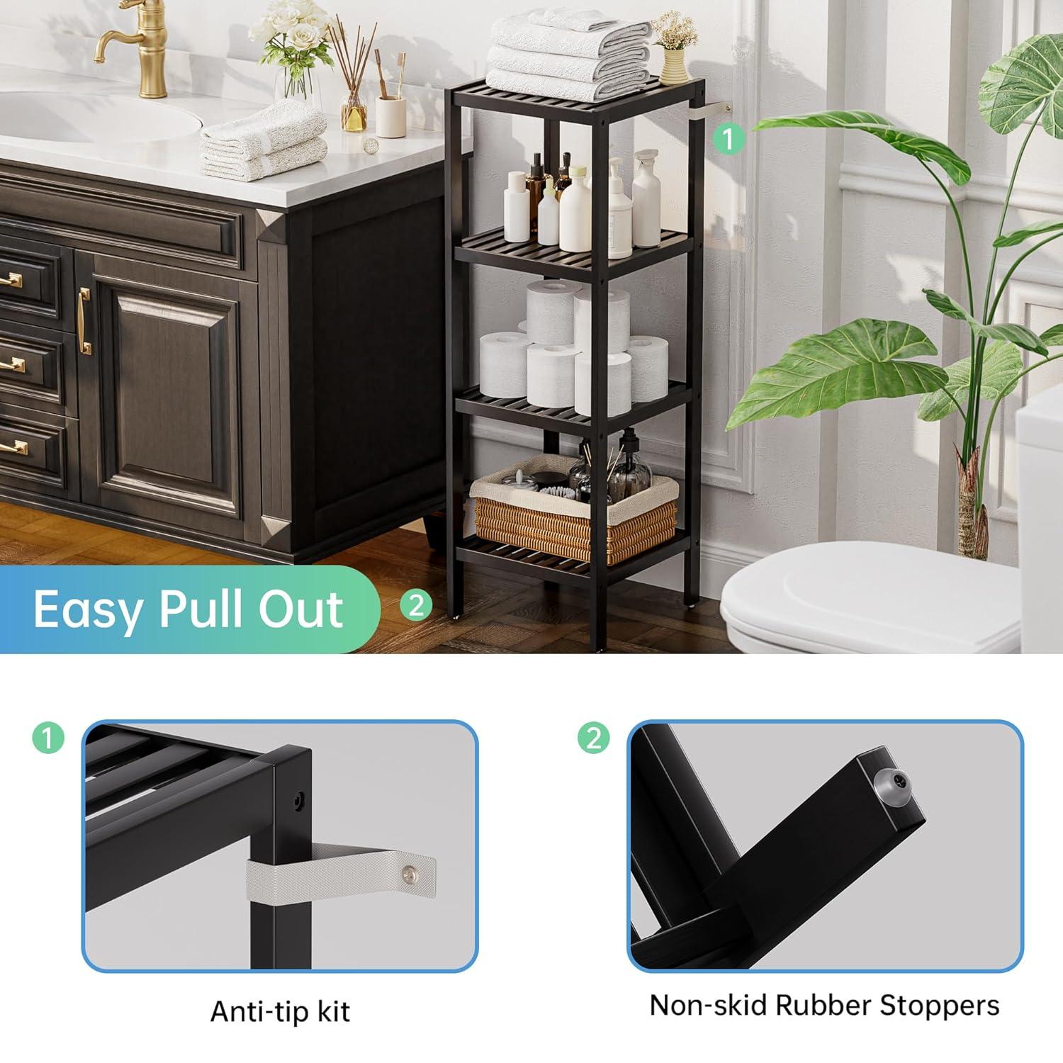 Bathroom Storage Shelf, 4-Tier Bamboo Rack Organizer, Multifunctional Shelving Unit For Living Room Bedroom Kitchen (Black)