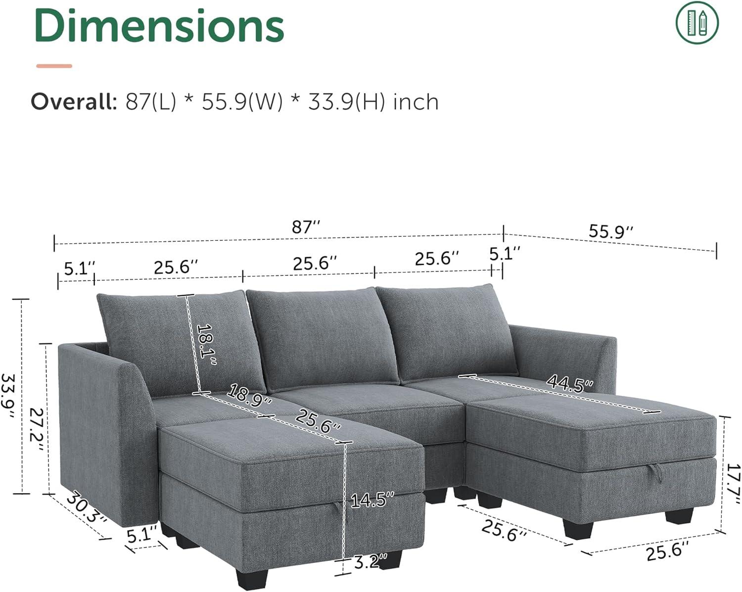 HONBAY Modular Sectional Sofa with Reversible Chaises Sofa with Ottomans U Shaped Sectional Couch for Living Room, Bluish Grey