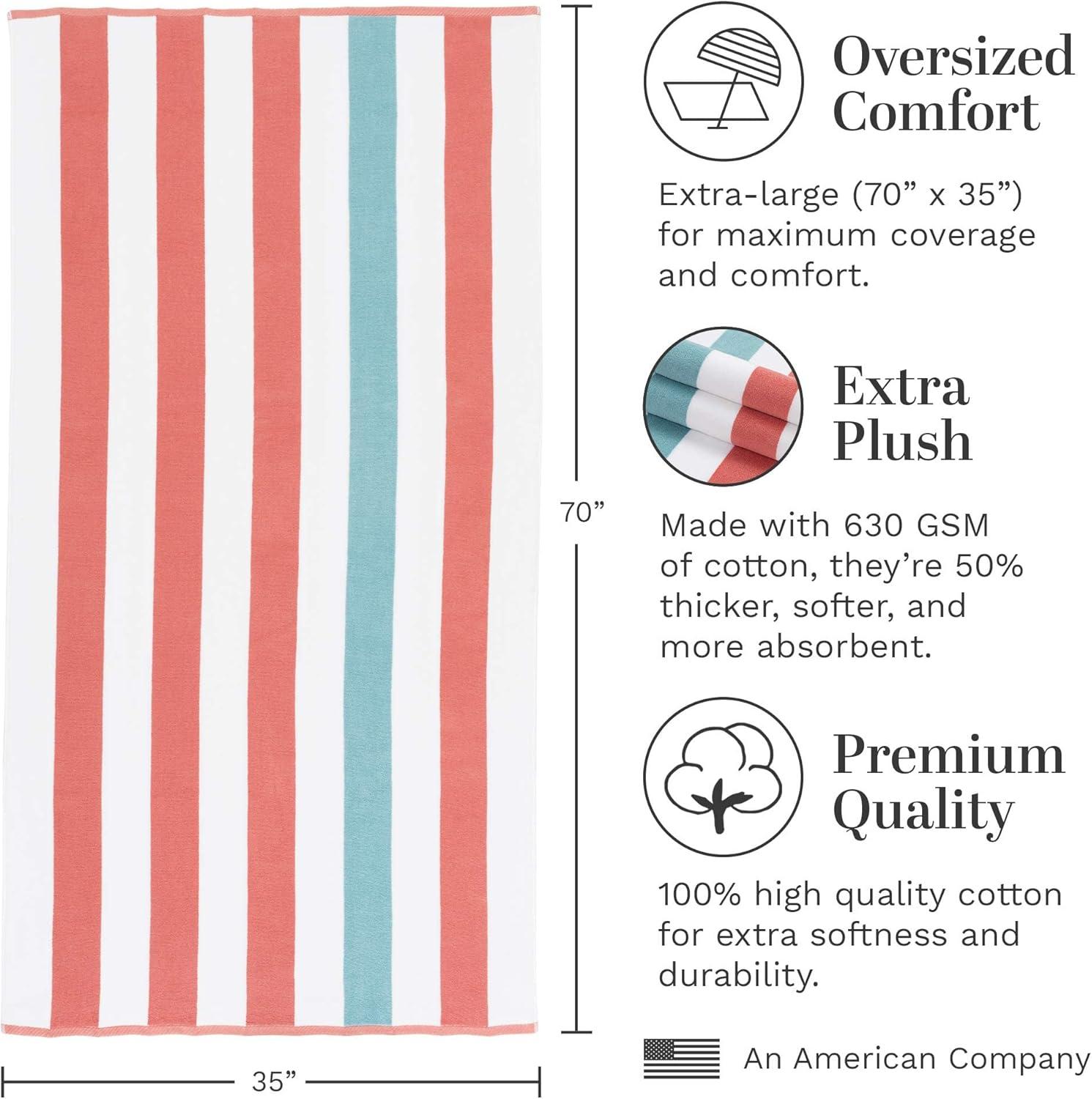 Laguna Beach Textile Co. Striped Cabana Beach Towel - Oversized, Plush 630 GSM Cotton - Coral Orange & Sea Glass Green