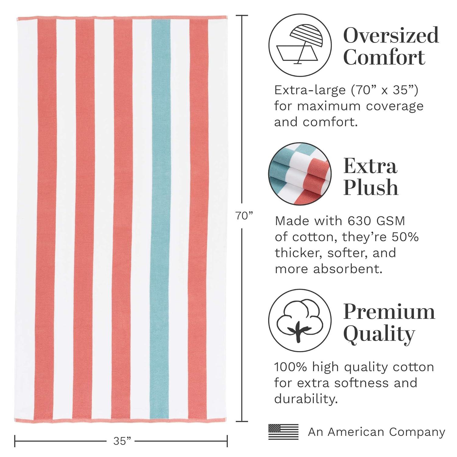 Laguna Beach Textile Co. Striped Cabana Beach Towel - Oversized, Plush 630 GSM Cotton - Coral Orange & Sea Glass Green