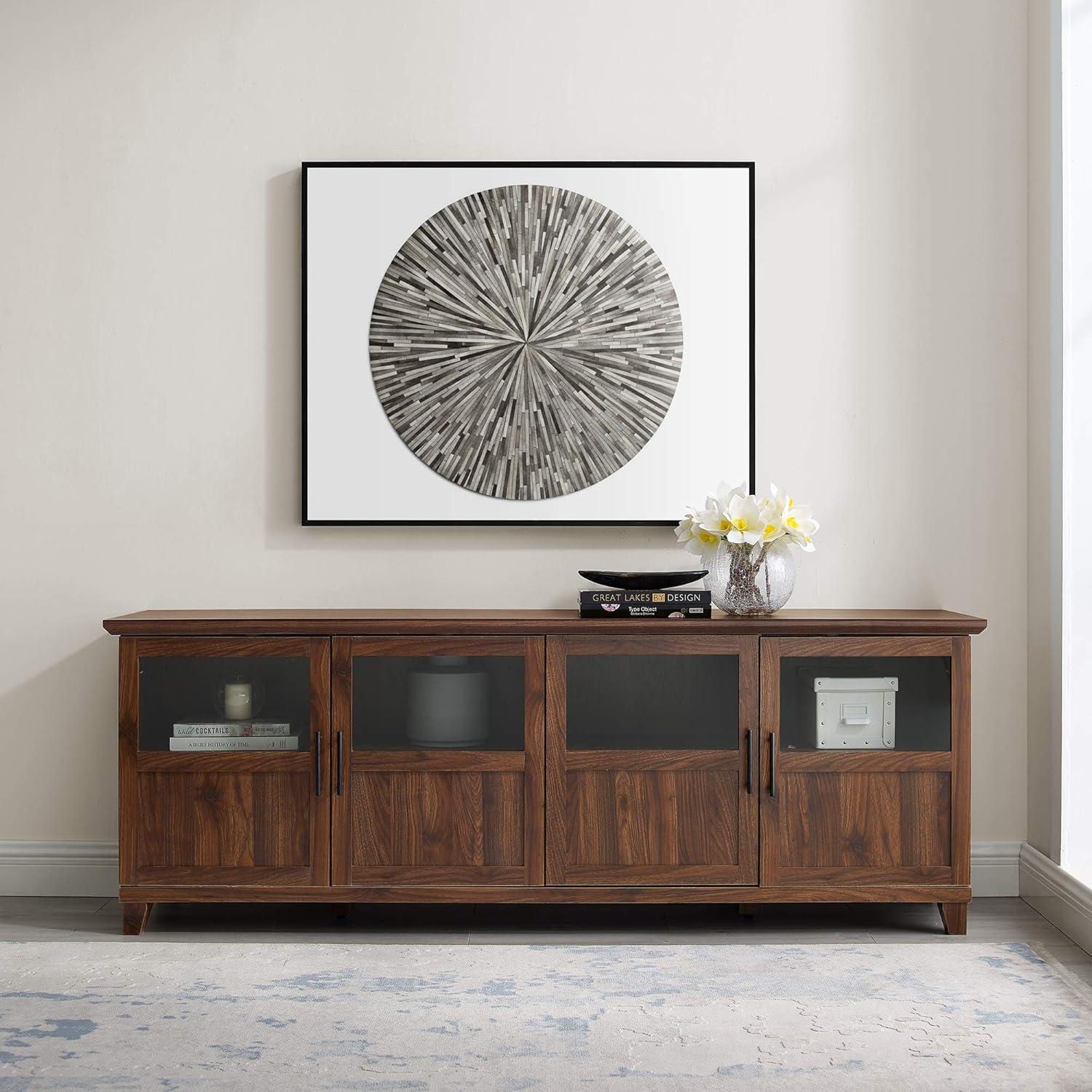 Dark Walnut 70-Inch TV Stand with Glass Doors and Cabinets