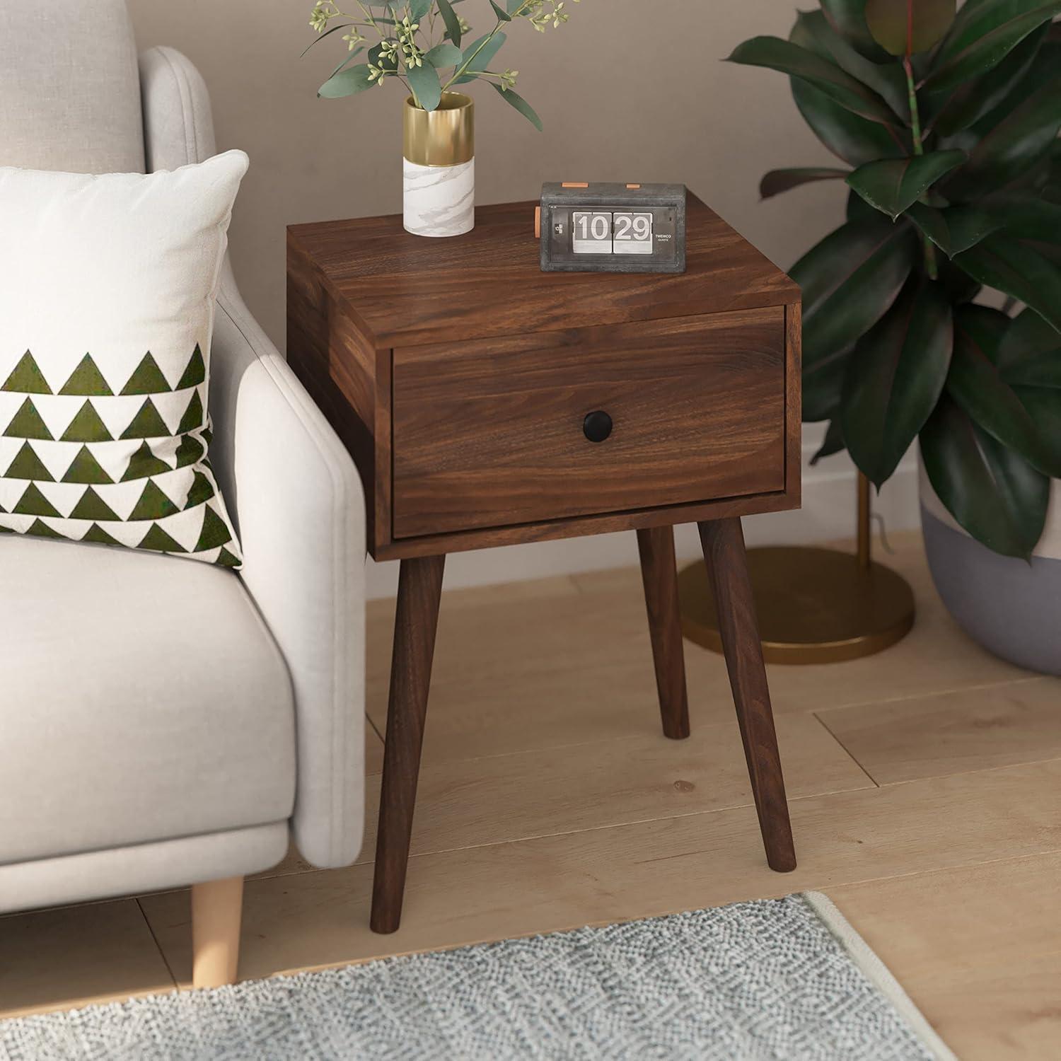 Walker Edison 2-Piece Mid-Century Solid Pine Wood Bedroom Nightstand in Walnut