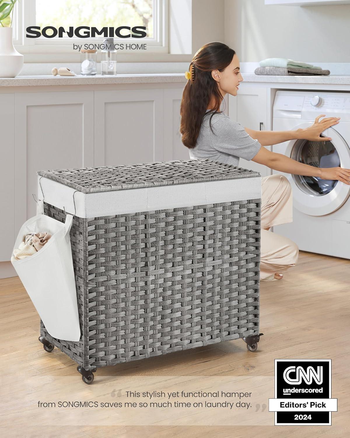 Gray Collapsible Rattan Laundry Hamper with Wheels and Lid