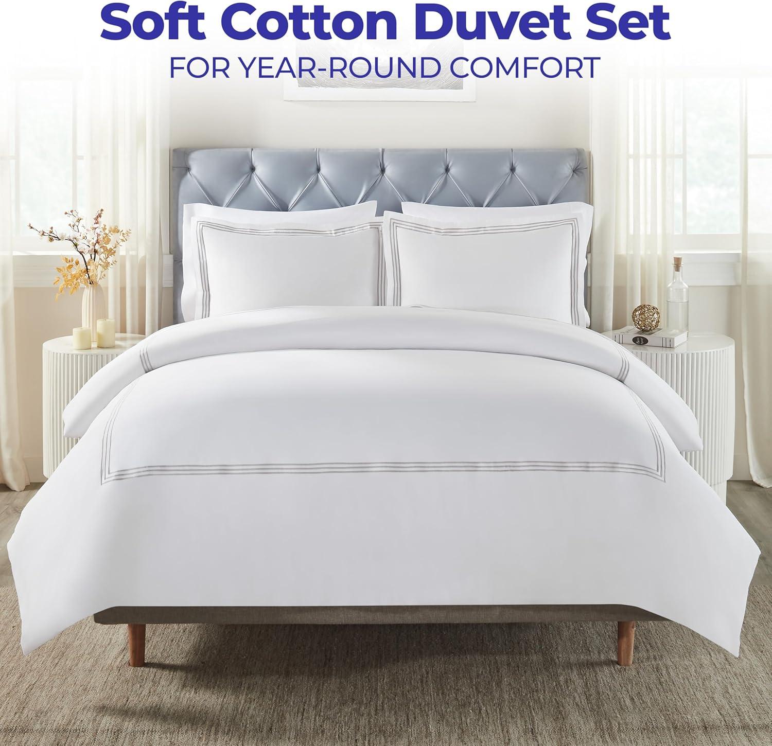 Superior Brandon Embroidered Cotton Duvet Cover Set, Full/Queen, White/Silver