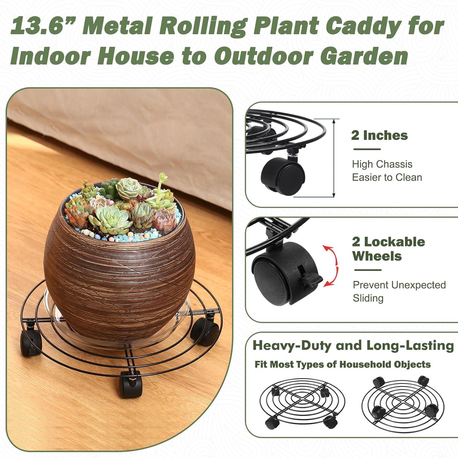 5 Packs Large Metal Plant Caddy 13.8” Plant Dolly with Wheels Heavy-Duty Wrought Iron Rolling Plant Stand with Casters for Indoor and Outdoor Plant Pot Rollers Black, Plastic Saucers Included