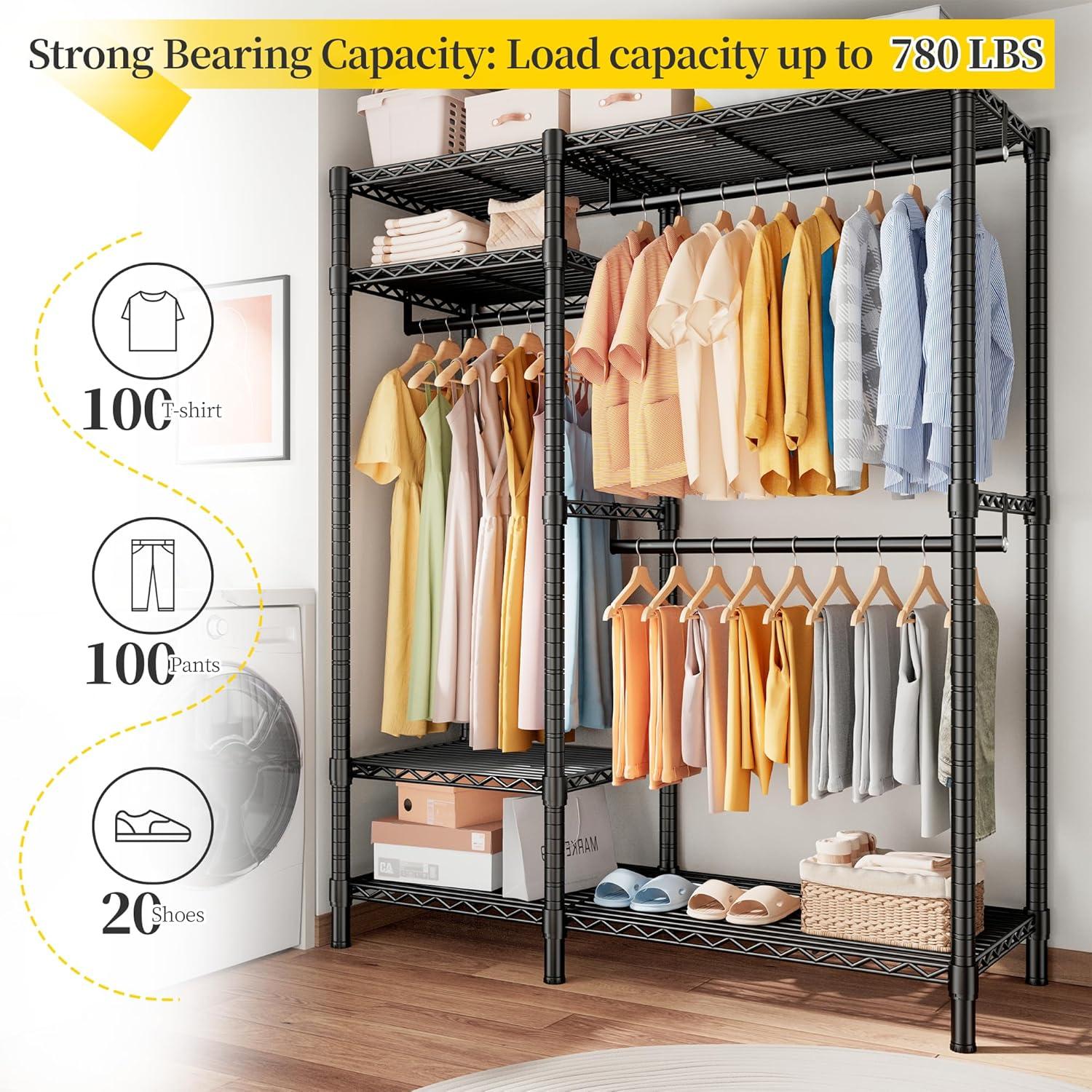 Clothes Rack Heavy Duty Clothing Rack Load 775LBS Clothing Racks for Hanging Clothes Adjustable Closet Rack Metal Wadrobe Closet Wire Garment Rack Clothes Rack 45.5" W x 77" H x 16.5" D Black