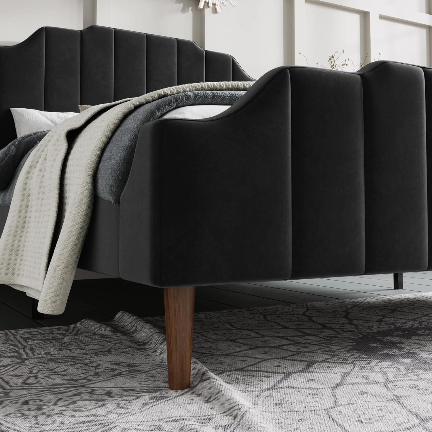 Sha Cerlin Queen Size Platform Bed Frame with Modern Curved Upholstered Wingback Headboard, Blue