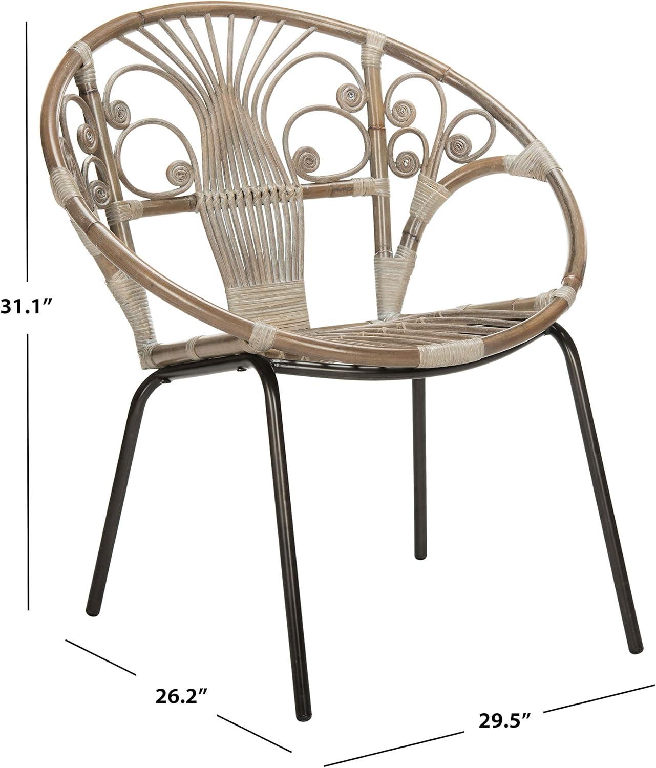 Transitional Grey Floral Rattan Accent Chair with Metal Legs