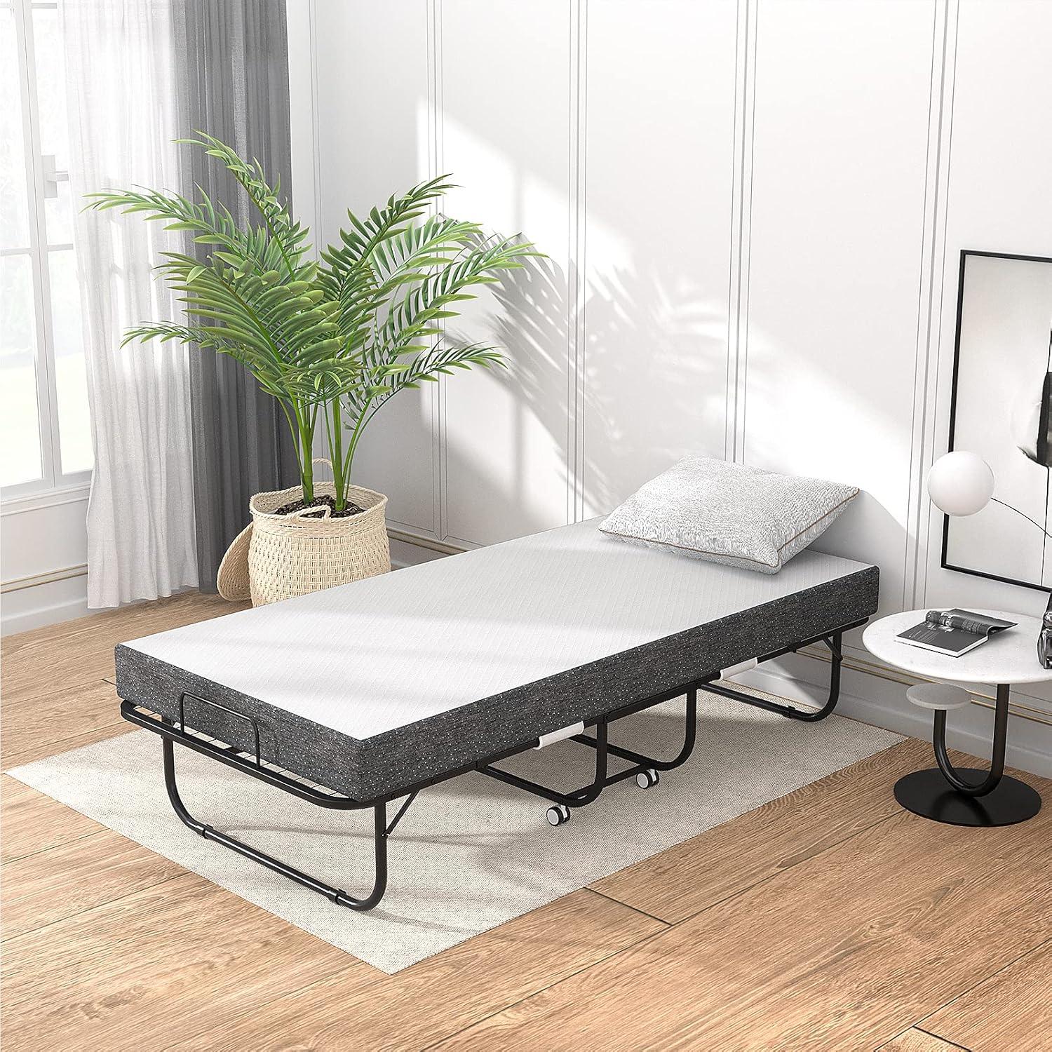 Black Metal Rollaway Bed with Memory Foam Mattress