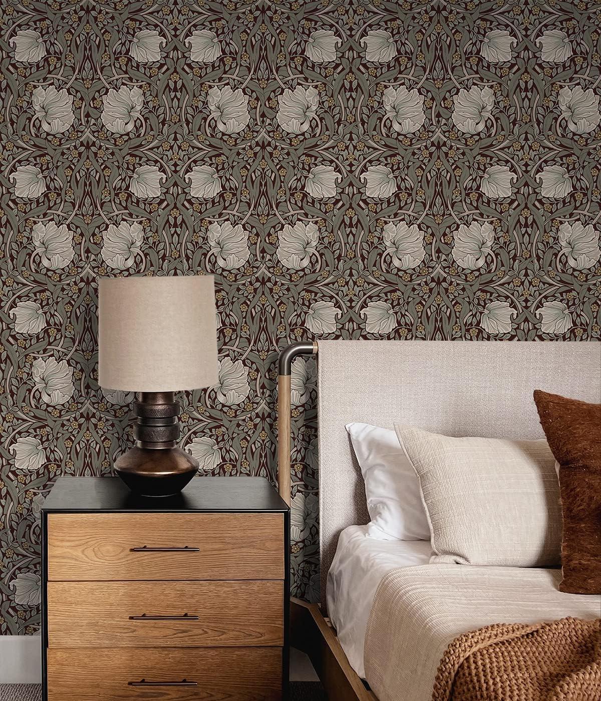 NextWall Auburn & Eucalyptus Pimpernel Floral Peel and Stick Wallpaper